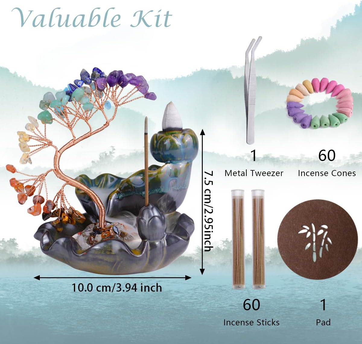 Waterfall Incense Burner, FHDUSRYO Backflow Incense Holder with Crystals Tree, 7 Chakra Crystal Censer Incense Stick Stand with 60 Incense Cones, 60 Incense Sticks, Aromatherapy Ornament Home Decor image number 3