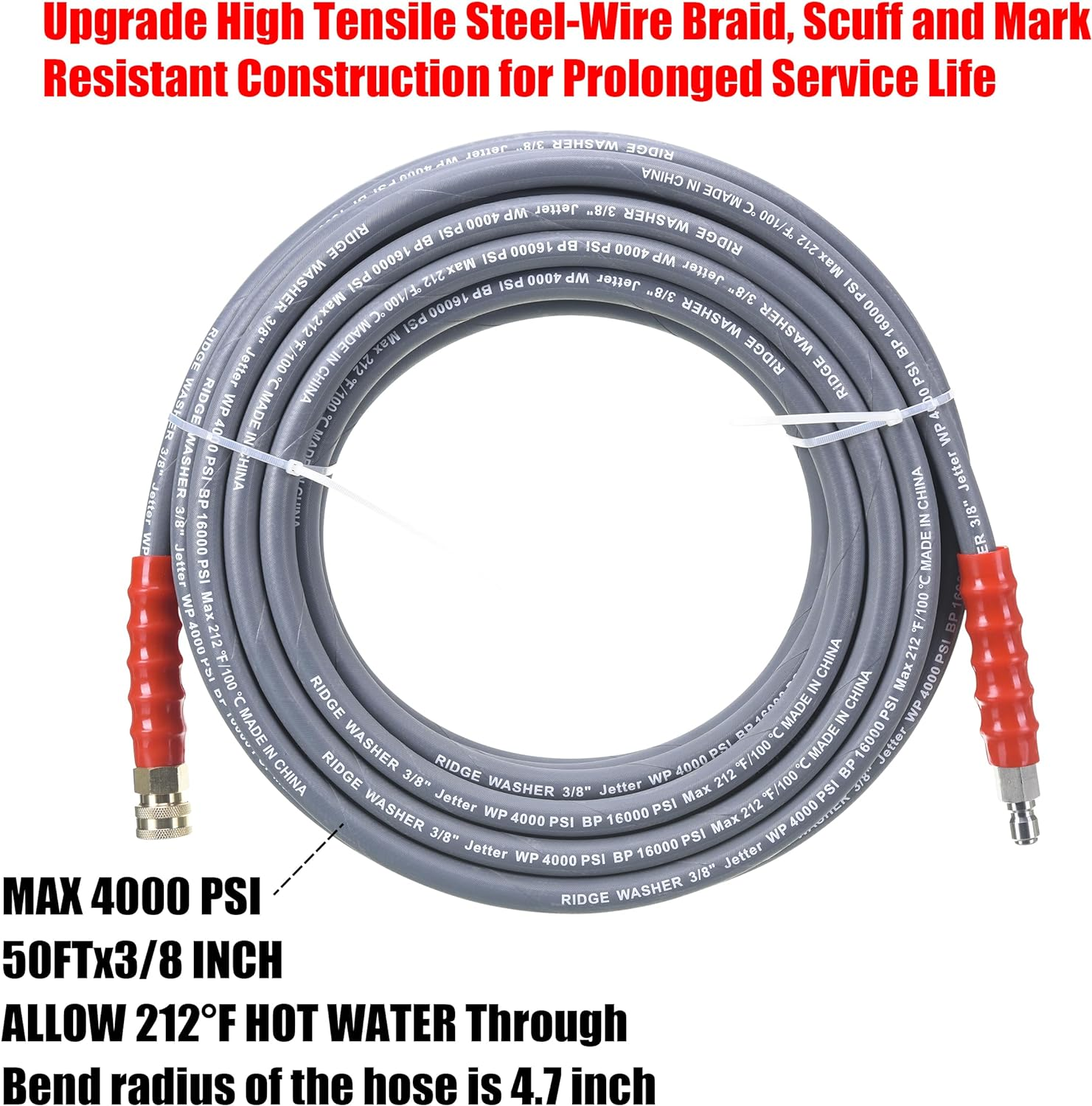 RIDGE WASHER Pressure Washer Hose 50 Feet X 3/8 Inch for Hot and Cold Water, with M22 14Mm to 3/8 Inch Quick Connect, 4000 PSI image number 5