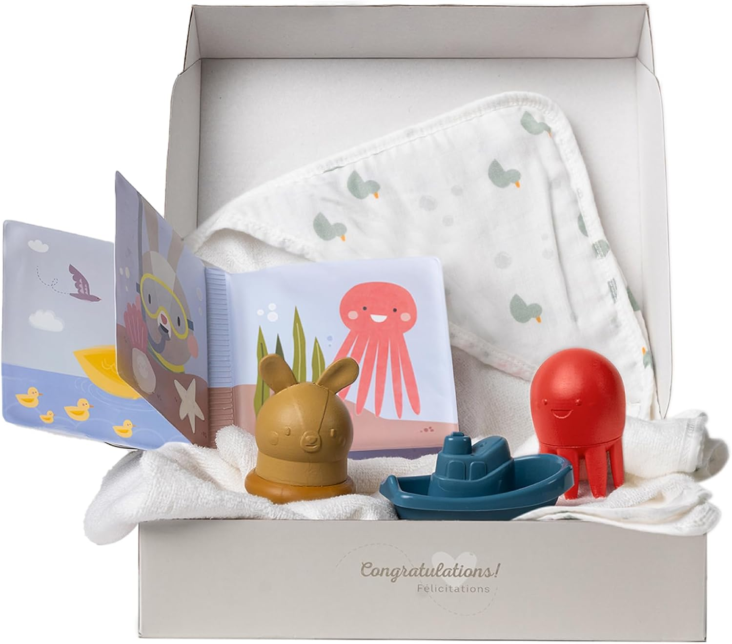 Taf Toys Bath Time Kit for Babies - Including Book, Cotton Hooded Towel, Squeaking Toys, Boat Toy - with 5-Piece Newborn Essentials, Baby Boy Gift Set Baptism Gifts image number 5