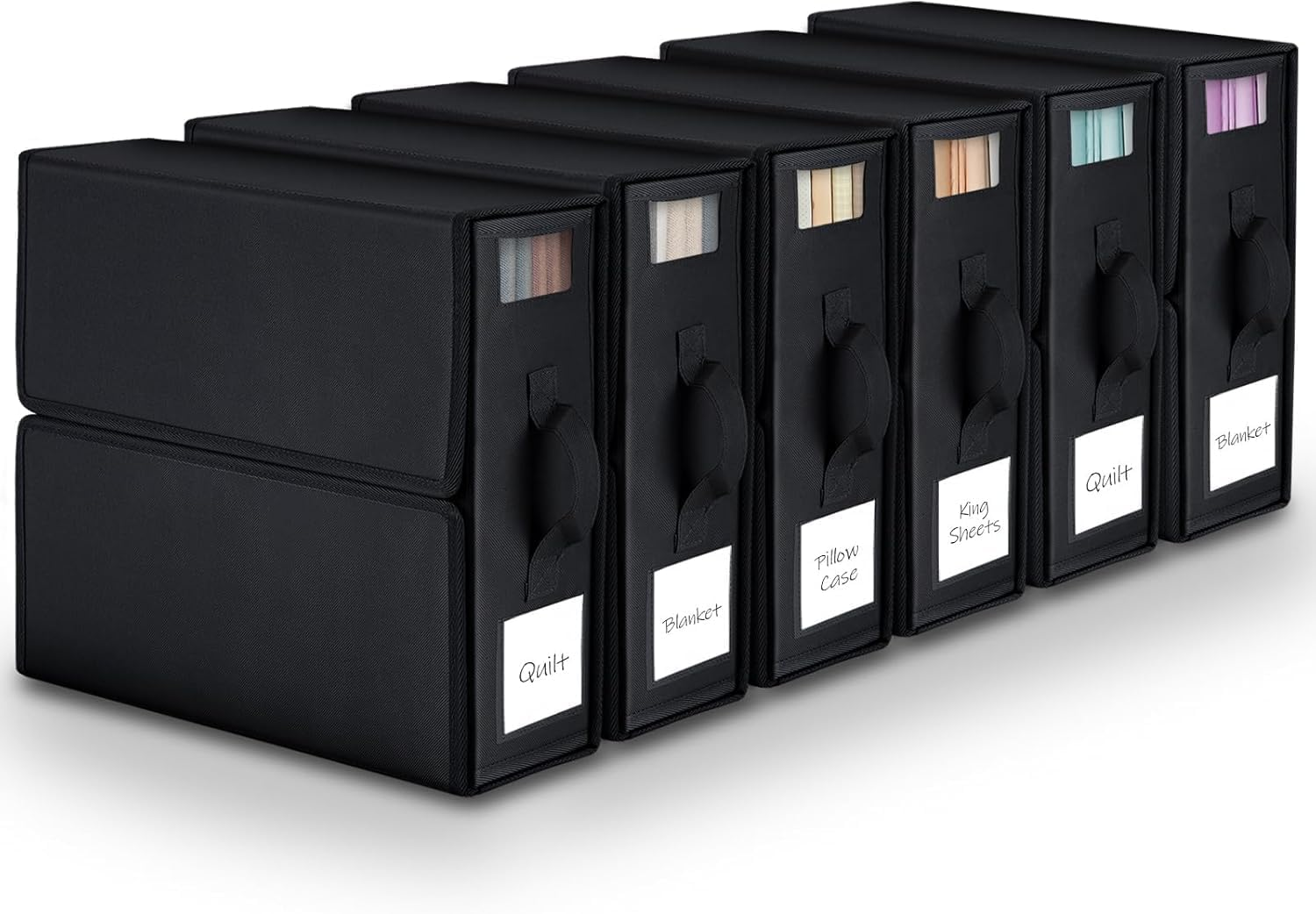 JCQMZB King Size Bed Sheet Organizer - Foldable Bedding Organizer with Reinforced Handle, Clear Window & Replaceable Labels, Thickened Oxford Cloth for Sheets, Covers,And Pillowcases (Black, 6Pcs）