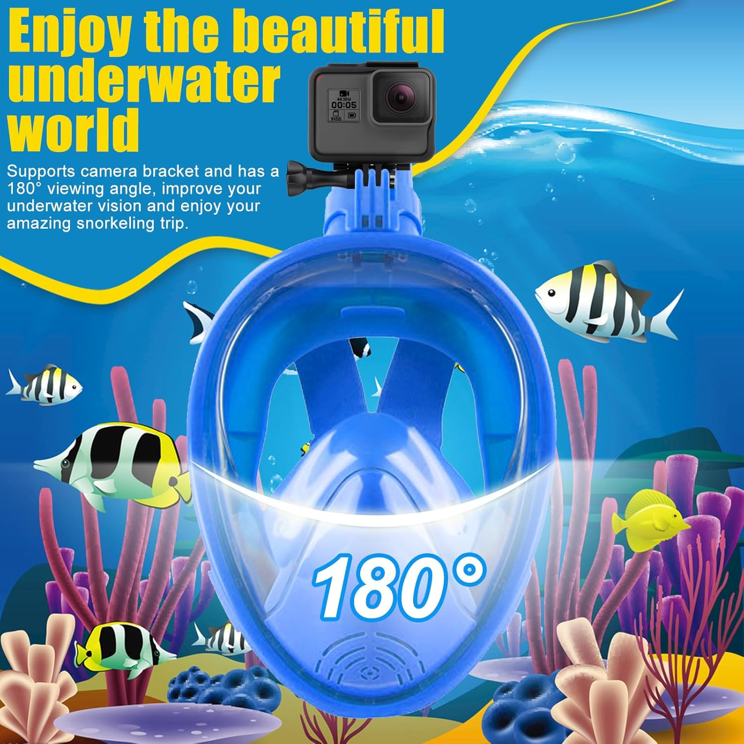 Kids Snorkel Mask Full Face,Snorkeling Gear with Camera Mount 180 Degree Panoramic View Detachable Snorkeling Set image number 1