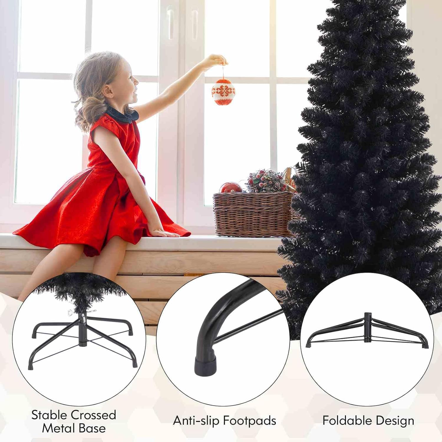 Costway 180 CM Black Artificial Halloween Christmas Tree, Slim Pencil Black Tree W/ 460 Branch Tips, Foldable Metal Stand, Corner Xmas Full Tree Carnival Decoration (180 Cm) image number 5