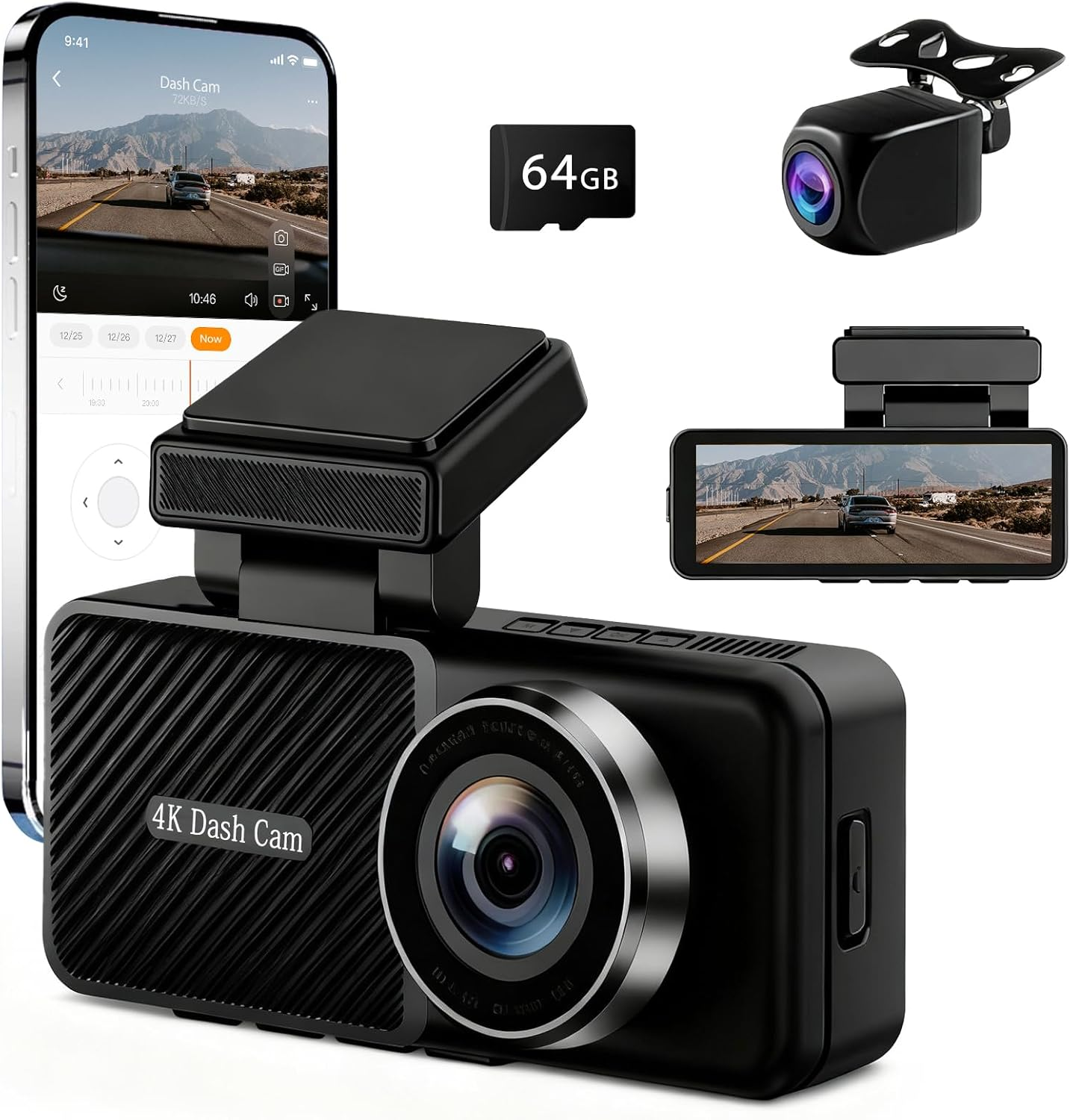 Dash Cam Front and Rear, Built-In Wifi GPS, 4K+1080P Dashcam for Car, 64GB Card Included, 24H Parking Monitor, Loop Recording, G-Sensor, Super Night Vision, 170&deg;Wide Angle, App Contro