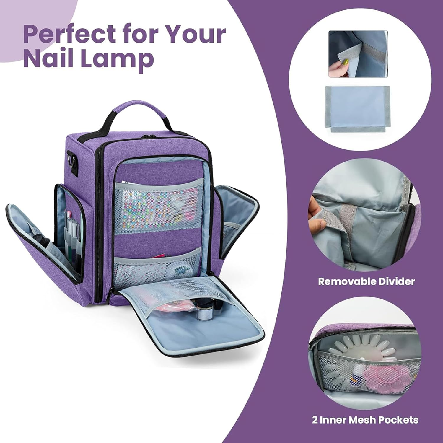 Nail Polish Bag Large Travel Makeup Bag with 3 Inner Removable Pouches, Hair Bag Cosmetic Bag with Detachable Dividers, Professional Manicure Kit,Purple image number 6