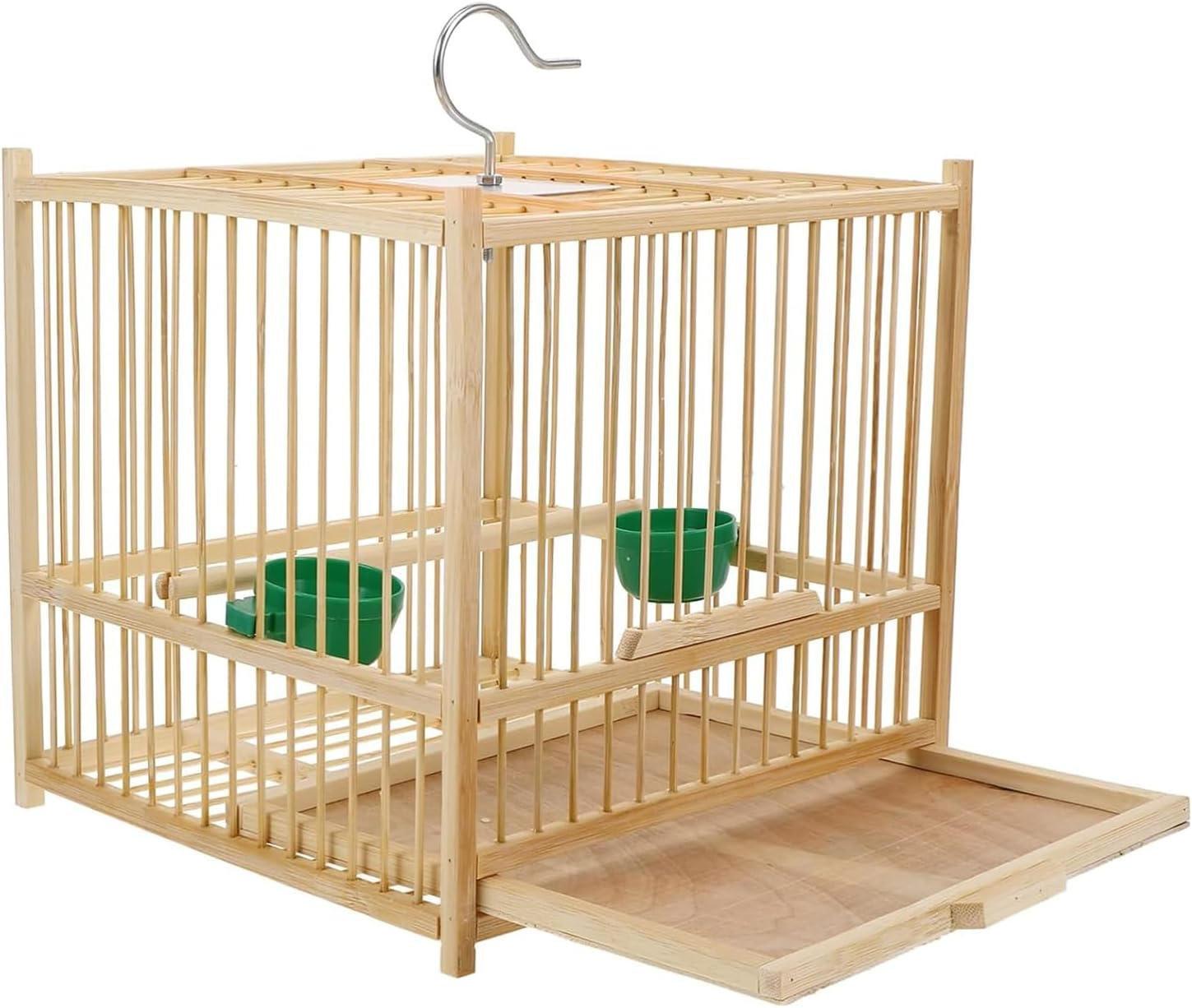 WADY 1Set Bamboo Bird Cage, Bamboo Handmade Boutique Birdcage, with Feeder Plastic Hanging Bird House Carrier, Small Parrot Cage Budgie Lovebird Cockatiel Carrier for Tray and Handle image number 5