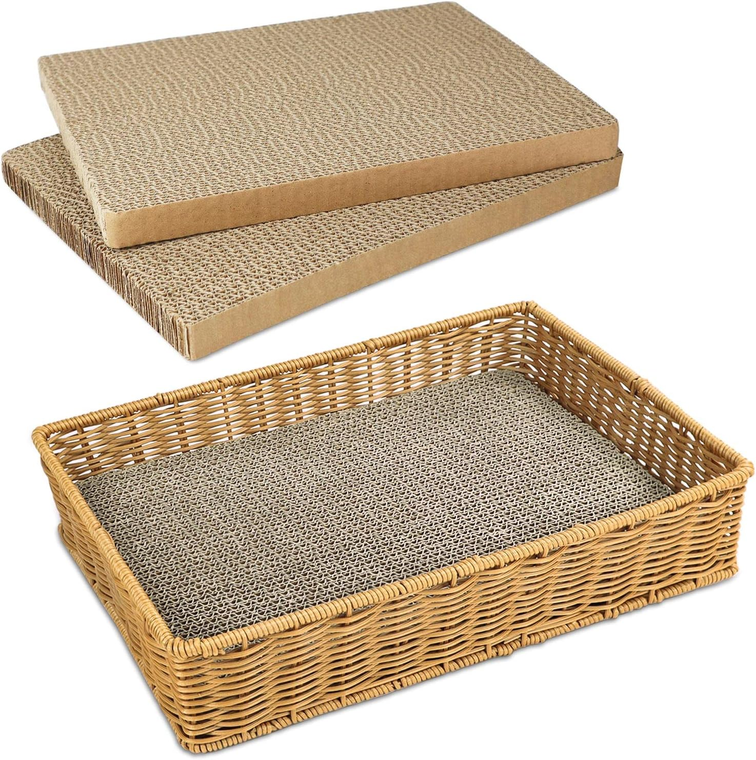 LELE LIFE Pack of 3 Cat Scratchers with Sturdy Lounge Basket, Double-Sided Cat Scratching Pad, Cardboard Scratching Board, Cat Scratching Board Post, Cat Scratcher for Indoor Cats image number 1