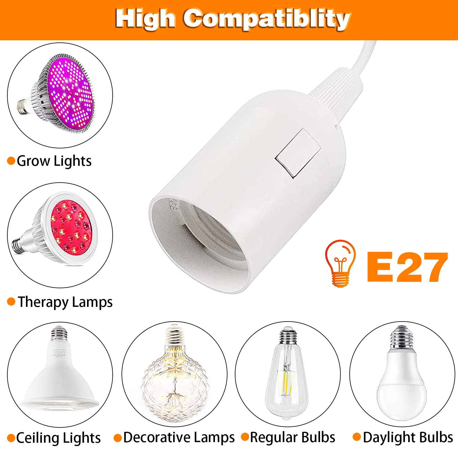 2Pcs E27 Cable Cord with On/Off Switch, E27 Lamp Base Holder Socket AC AU Power Plug, 1.8M White Extension Lights Lamp Bulb Cord for Bedroom Kitchen Plant Growth DIY Hanging Lanterns Pendant Light image number 6