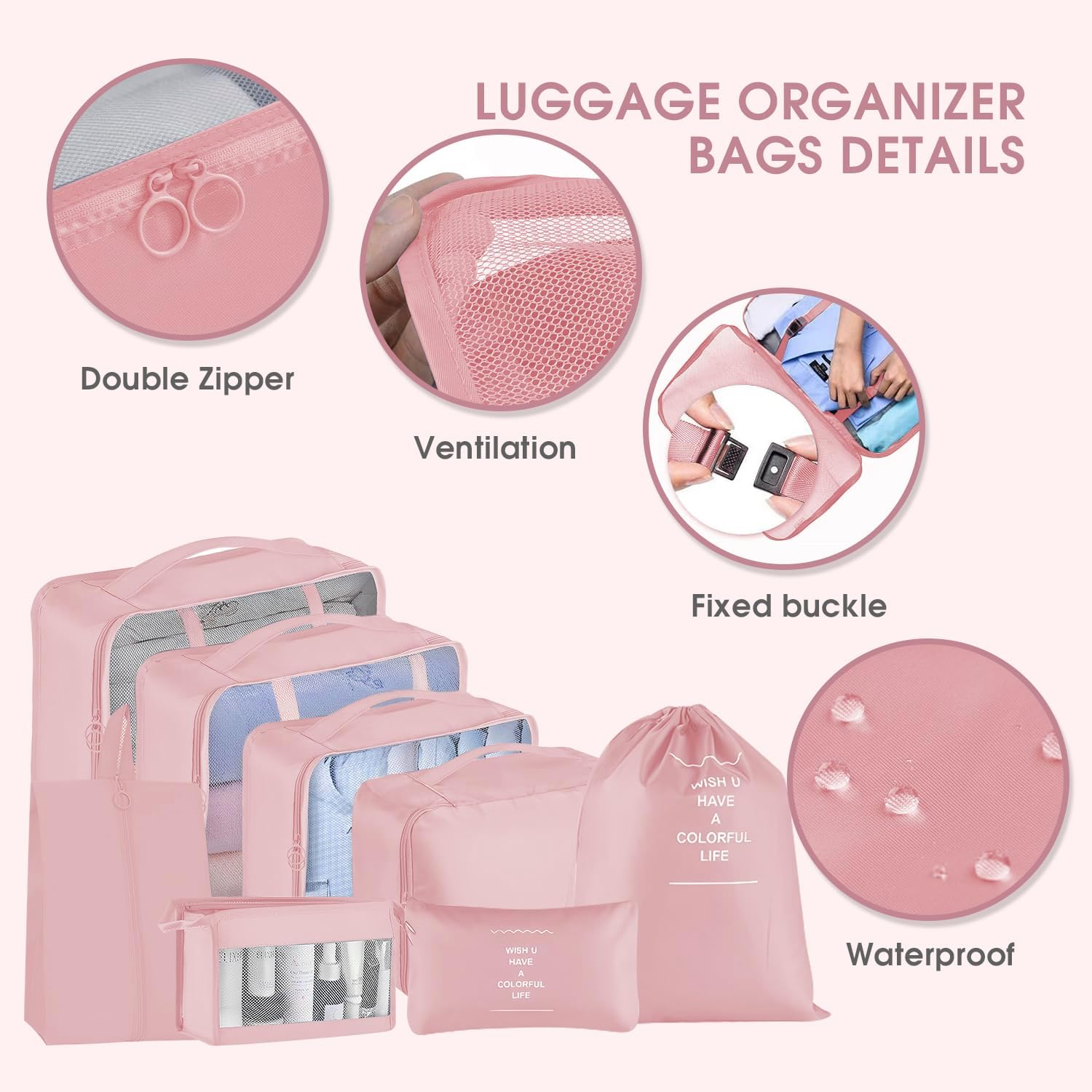8PCS Packing Cubes for Travel, Luggage Organizer Bags with Shoe & Laundry Bag, Mesh Travel Essentials Bags, Durable & Lightweight Various Sizes Suitcases Packing Organisers (Pink, Set of 8)