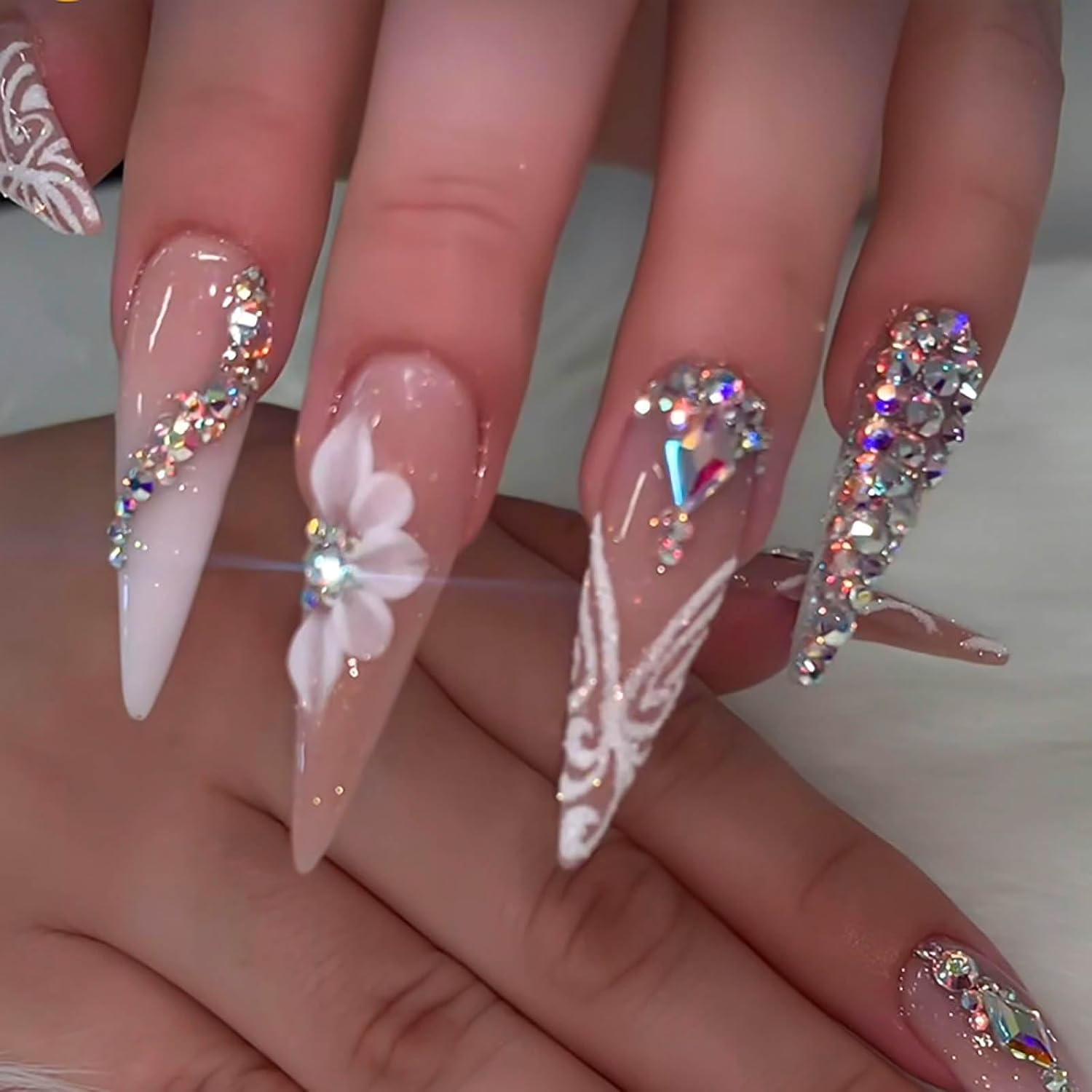 RUOKEXIN Long Press on Nails Stiletto Shaped Fake Nails Handmade False Nails with Rhinestones Designs White Ombre Glue on Nails Glitter Artificial Nails Luxury Stick on Nails for Women 24Pcs image number 1