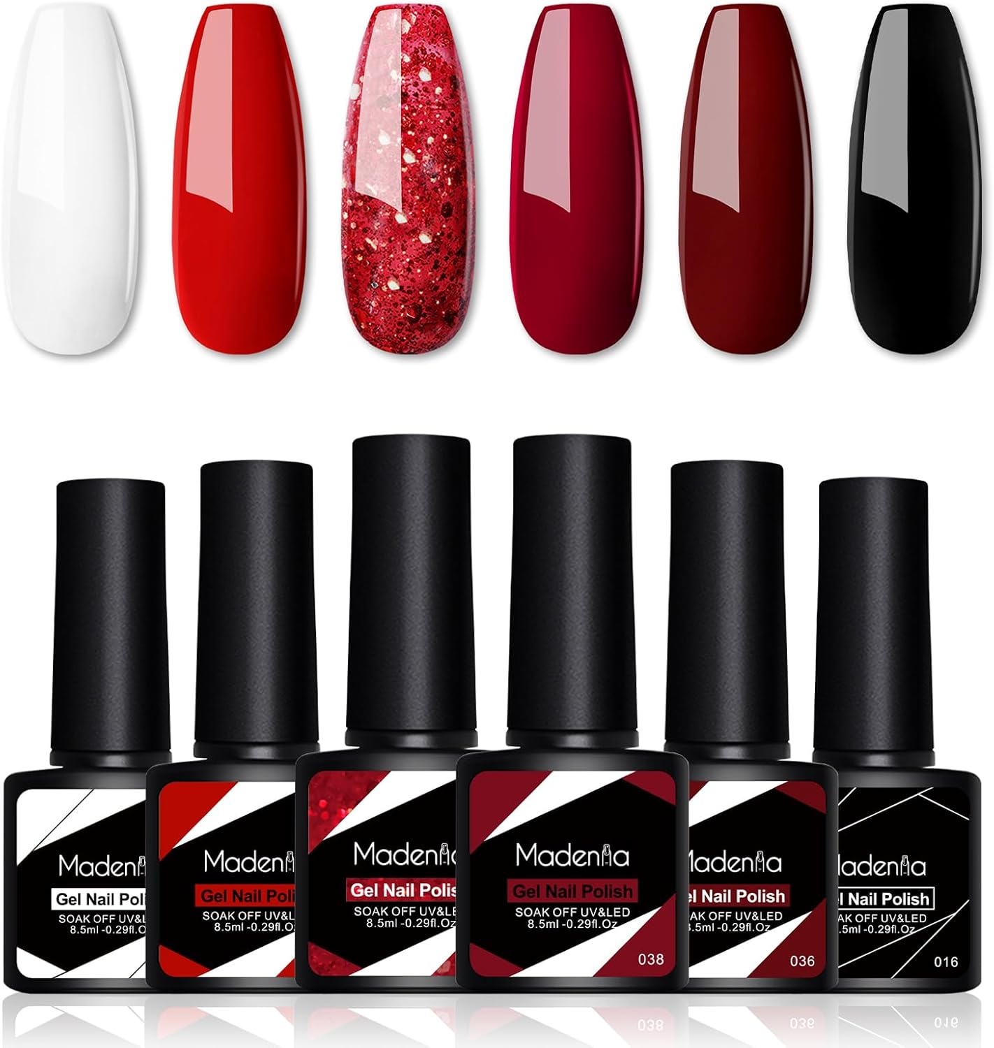 Madenia Gel Nail Polish Set: 6 Colours Red Burgundy Glitter Nail Polish Set Soak off UV/LED, Quick Drying Nail Varnish Nail Art DIY Manicure Salon & Home for Women, 8.5ML - Black image number 7