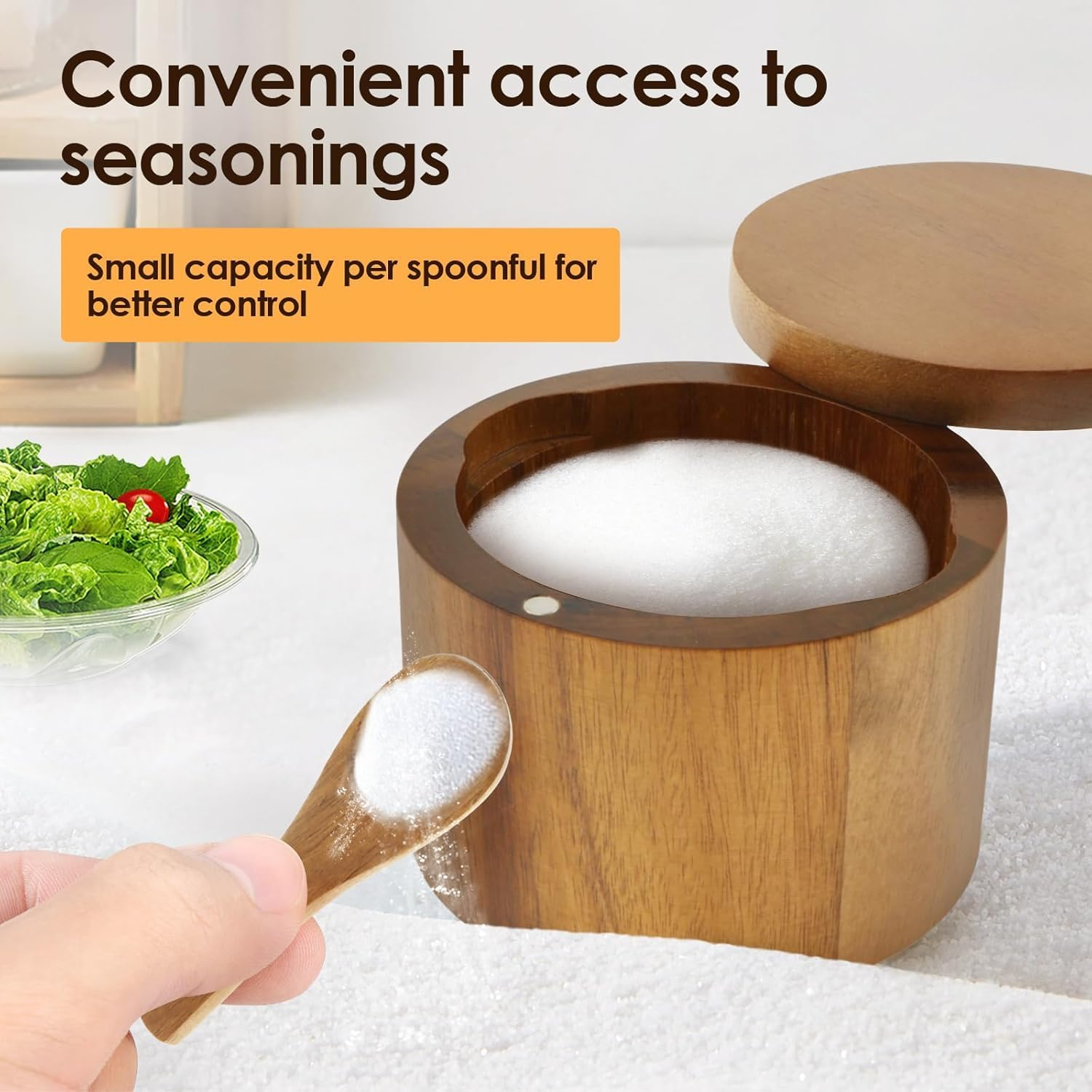 Wood Salt Shaker,Salt Container with Built-In Spoon and Magnetic Screw Ca,Sugar Bowl,Spice Bo,Spice Jar for Sea Salt Herbs or Favorite Seasonings image number 2