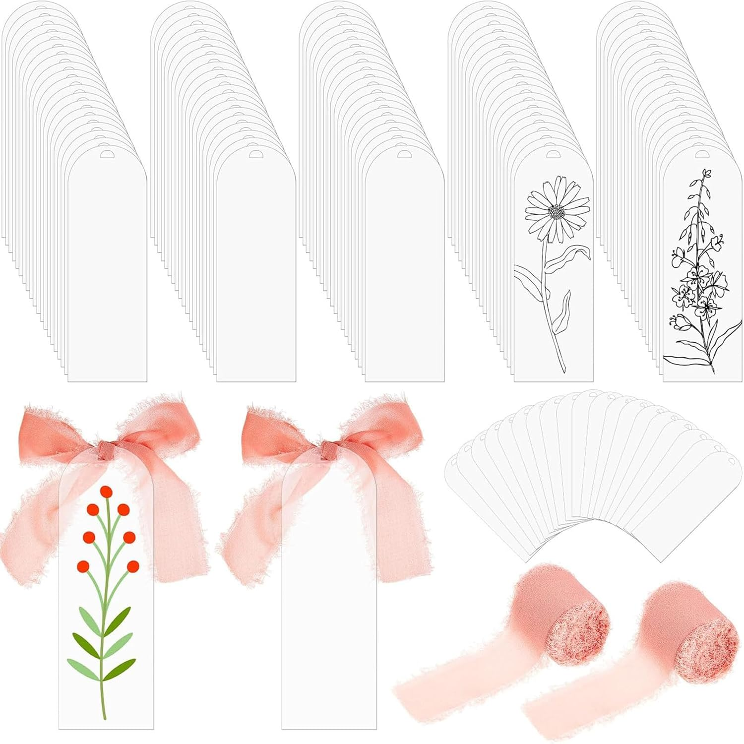 100Pcs Acrylic Bookmark Blanks Kits, Clear Acrylic Bookmarks Tags with 2 Rolls Ribbon, DIY Craft Transparent Bookmark for Reading Lovers School Presents Reading Accessories Gift (5.9 X 2 Inch, Pink) image number 2