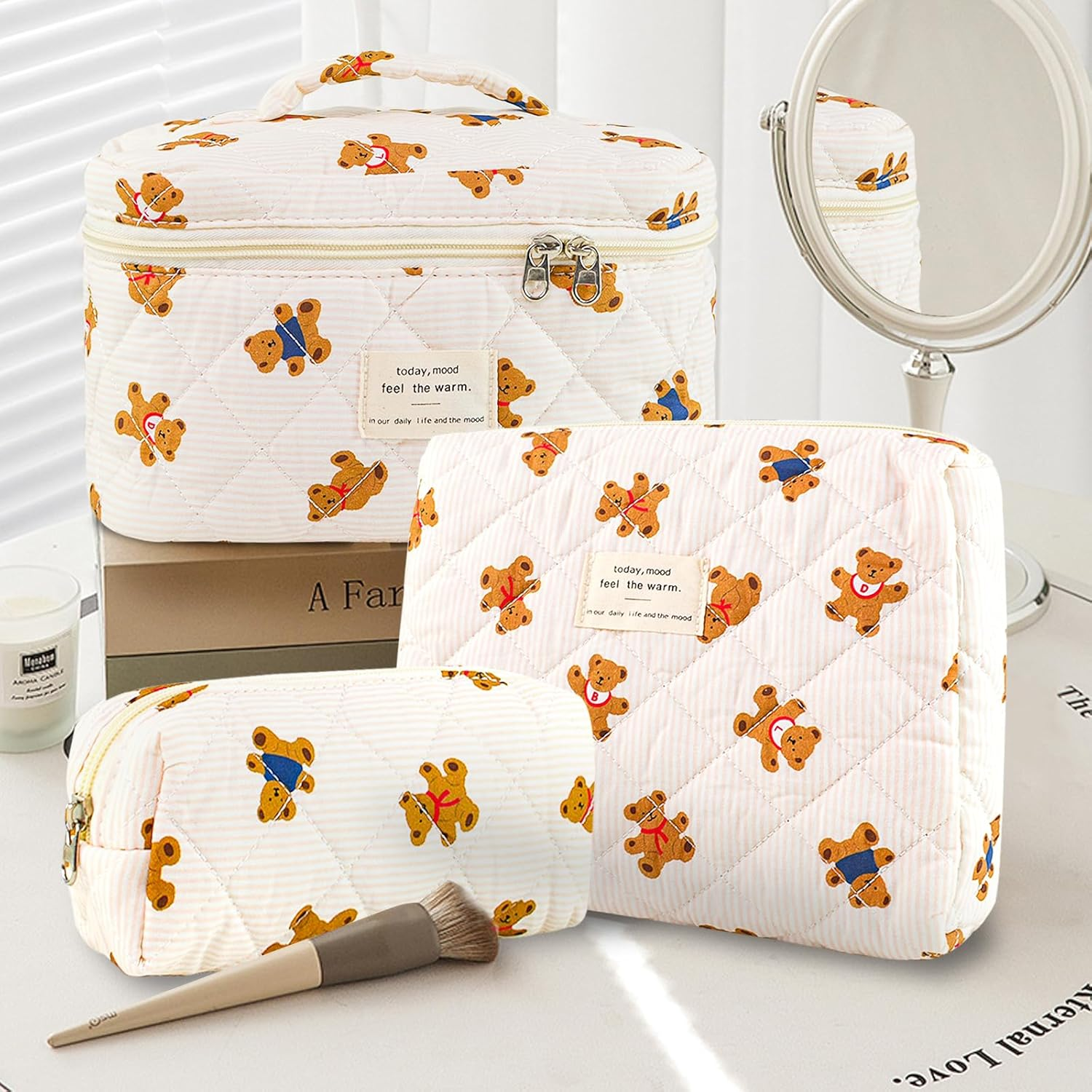 3Pcs Makeup Bag Cotton Quilted Travel Cosmetic Bag Cute Floral Makeup Pouch Large Toiletry Bag for Women Girls, Bear A, Daily - Bow-Blue image number 5