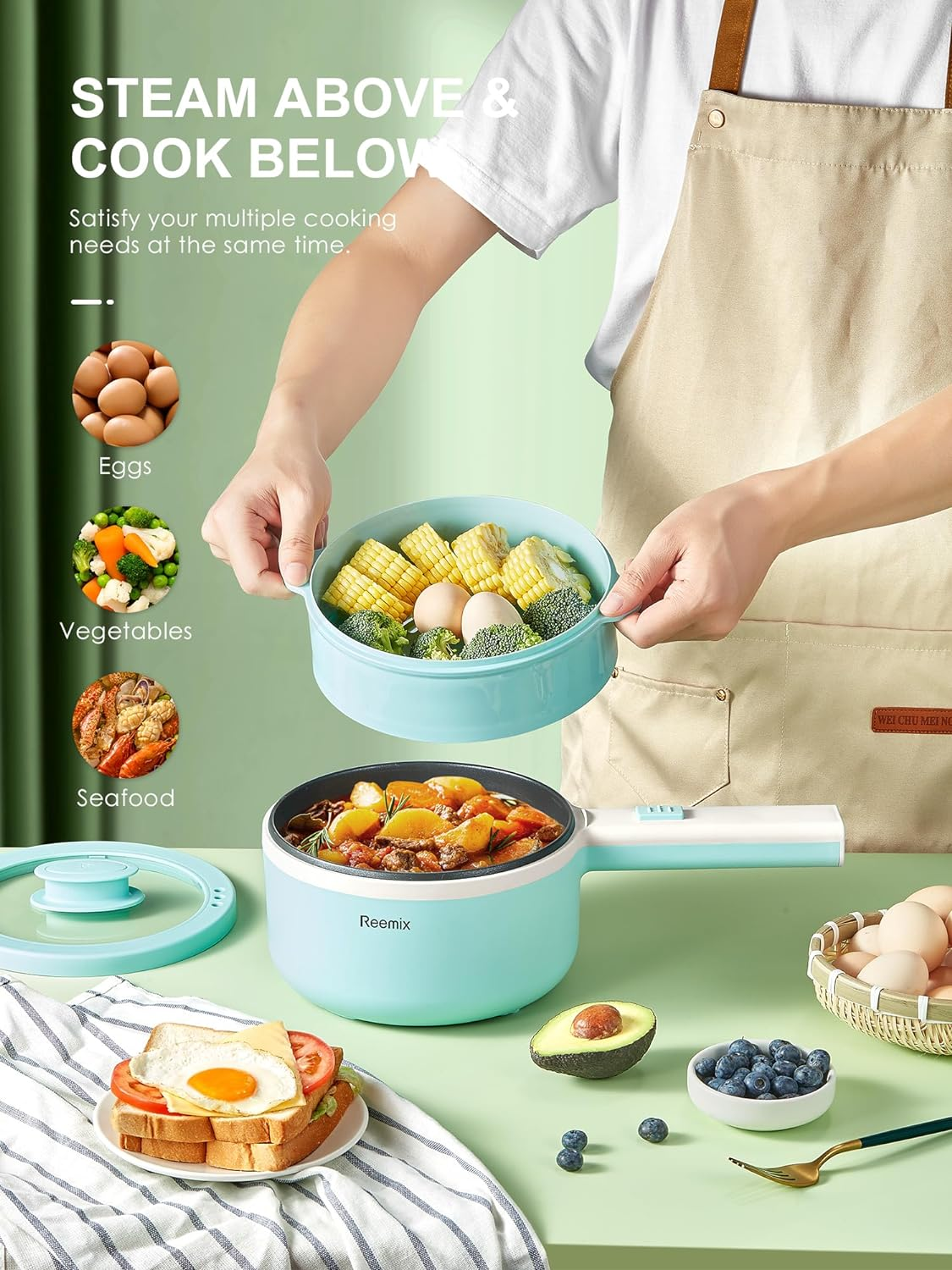 Reemix - Electric Hot Pot with Steamer, 1.6L Ramen Pot Non-Stick Steak, Egg, Fried Rice, Ramen, Oatmeal, Soup, Personal Portable Hot Pot, Great for Bedroom And image number 2