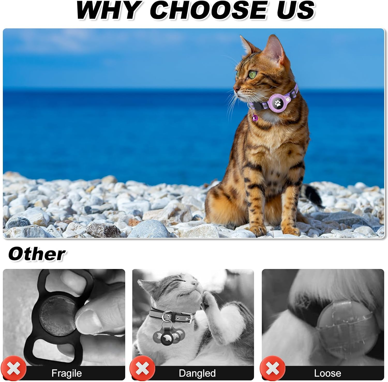 Boloshine Reflective Airtag Cat Collar, Anti-Lost Cat Tracker Collar with Airtag Adjustable Holder & Bell, Lightweight GPS Cat Collar Compatible with Apple Airtag for Small Cats Kitten Puppy (Purple) image number 1