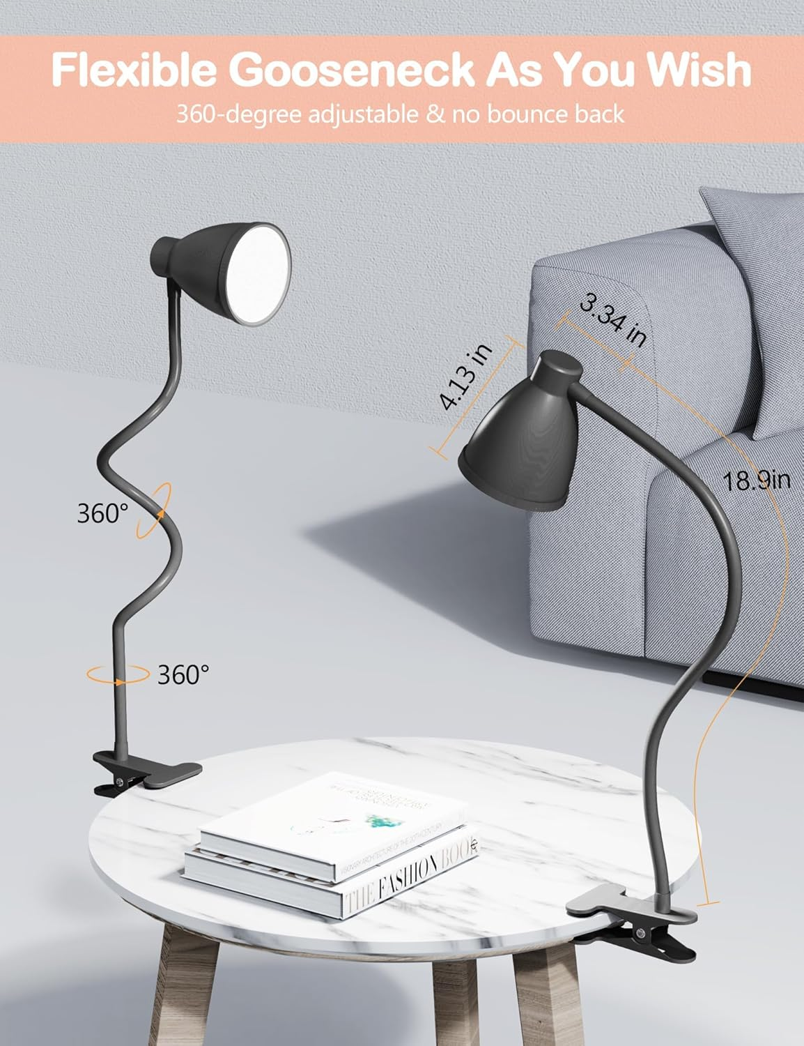 LTZEMOO Desk Lamp 3 Color Modes 10 Brightness Dimmer Reading Light 10W 38 LED Clamp Lamp with Auto off Timer 360&deg; Flexible Gooseneck Clip on Light for Bed Bedside, AC Adapter Include image number 4