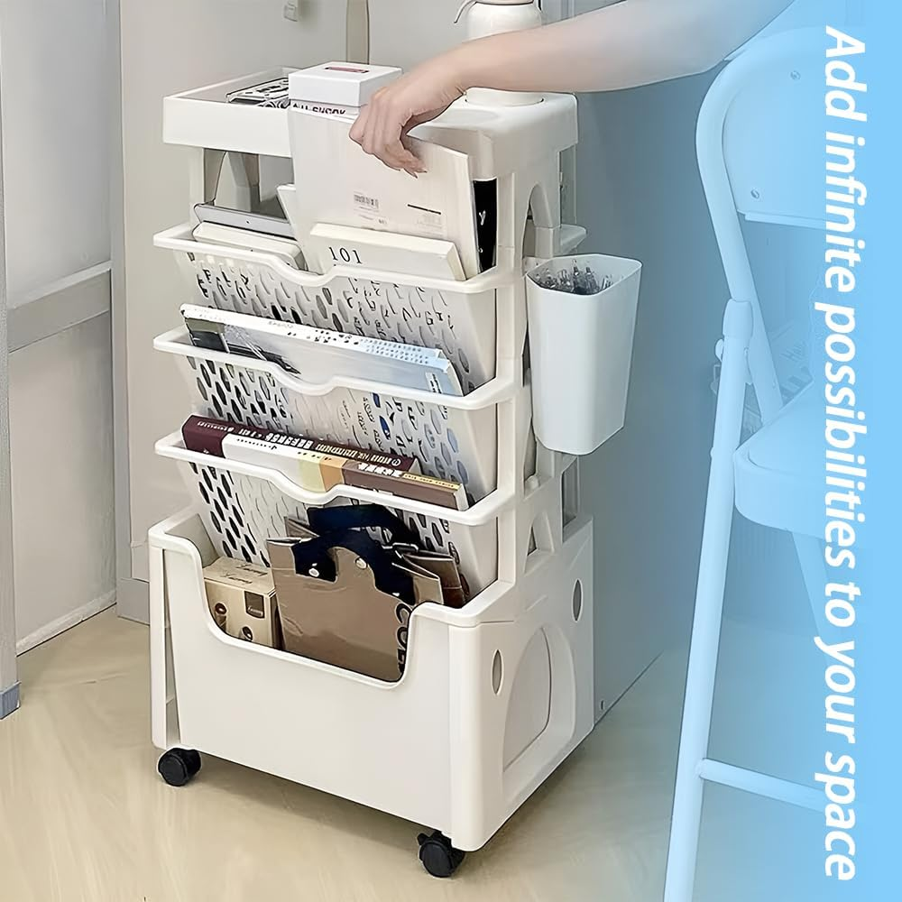 Moveable Bookshelf on Wheels, 5-Tier Mobile Book Shelf Space-Saving Rolling Cart Storage, Utility Organizer for Living Room Home Classroom School (White) image number 3