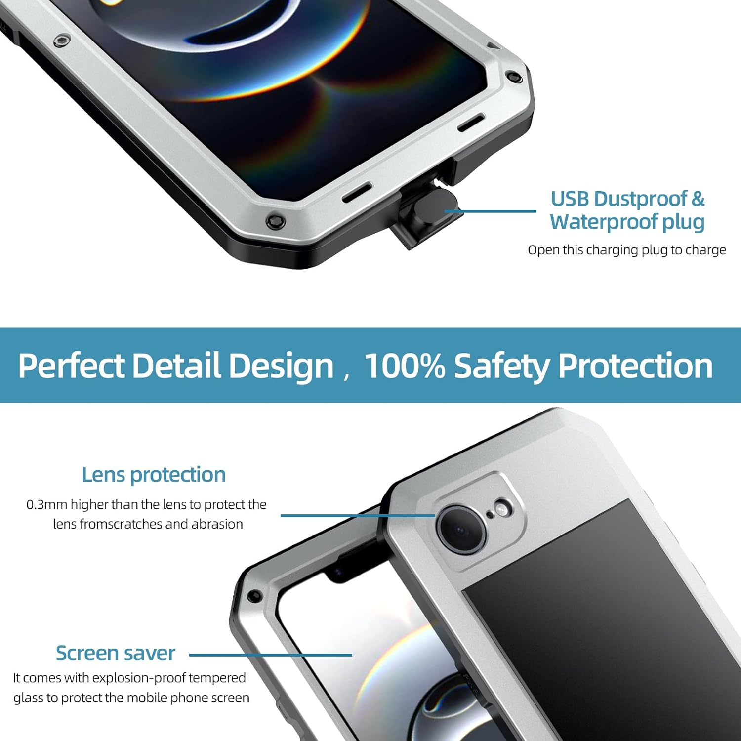 LOVE MEI Compatible with Iphone 16E Metal Case, Outdoor Sports Military Heavy Duty Shockproof Dustproof Hybrid Aluminum Silicone Tempered Glass Hard Case (Silver) image number 2