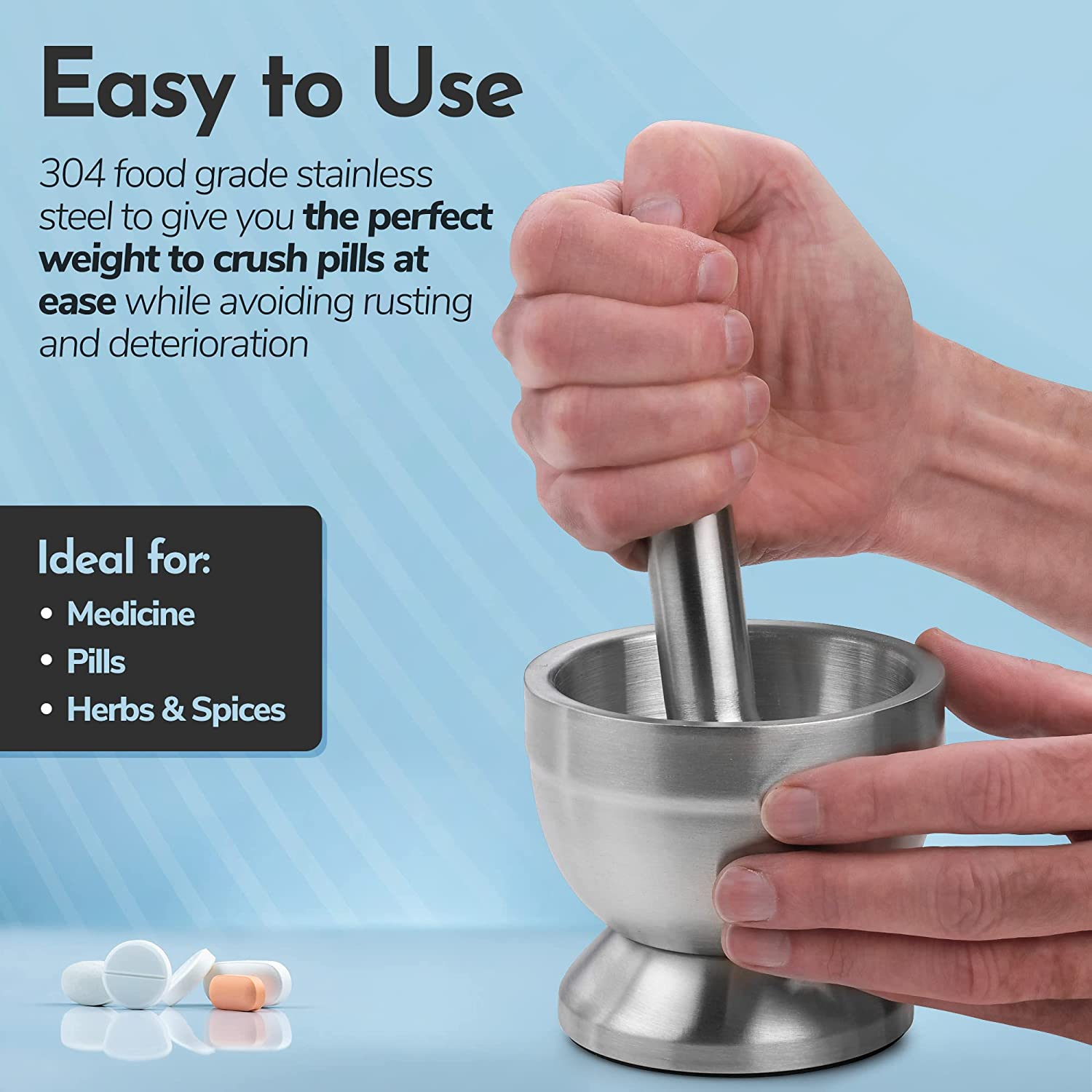 Pill Crusher - 304 Food Grade Stainless Steel Mortar and Pestle Medicine Grinder Set - Non-Slip Splitter to Easily Crush Medicine Pills Tablets Vitamins to Fine Powder for Adults, Seniors, Dogs, Pets image number 5