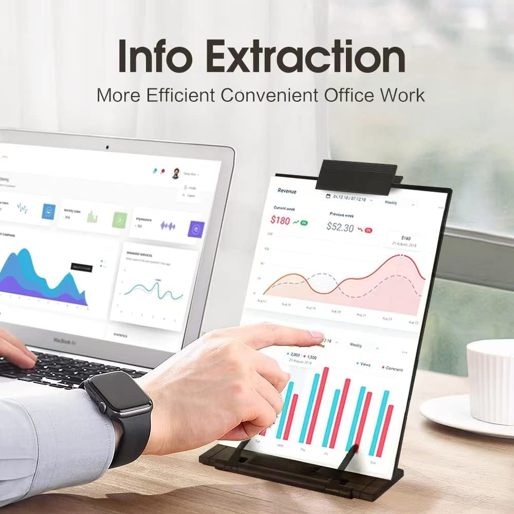 Desktop Document Holder Stand with 7 Adjustable Positions, Black Metal File Organizer Management Copyholder for Typing Speech Reading A4 Letter Music Book Tablet Office, with Paper Clip and Line Guide image number 1