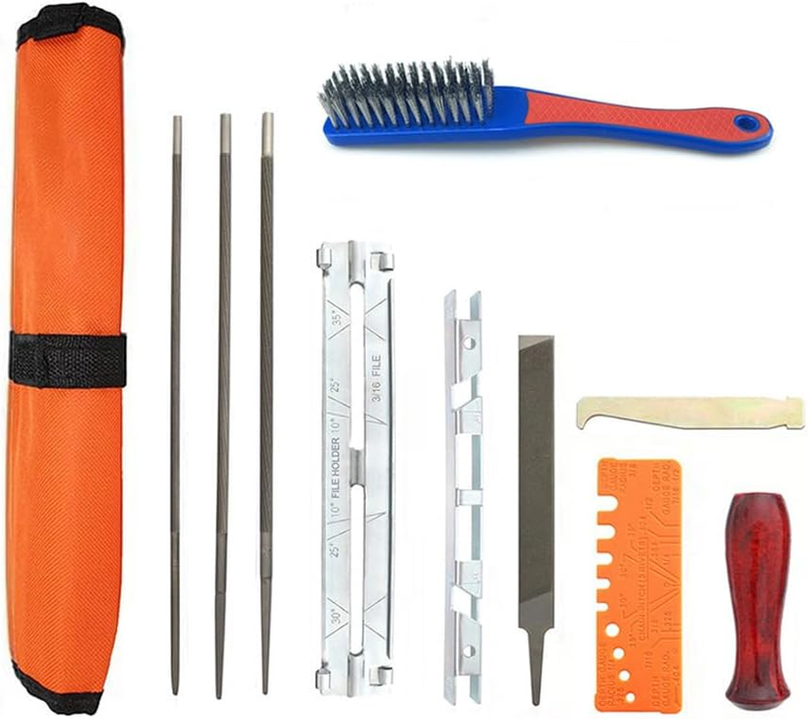 11PCS Universal Chainsaw Sharpener Tool,Chainsaw Chain Sharpening Kit,Comes with 3 Sizes of round Files (5/32", 3/16", 7/32"), Flat Files, Handles, File Guides, Rod Groove Cleaner and Pocket image number 4