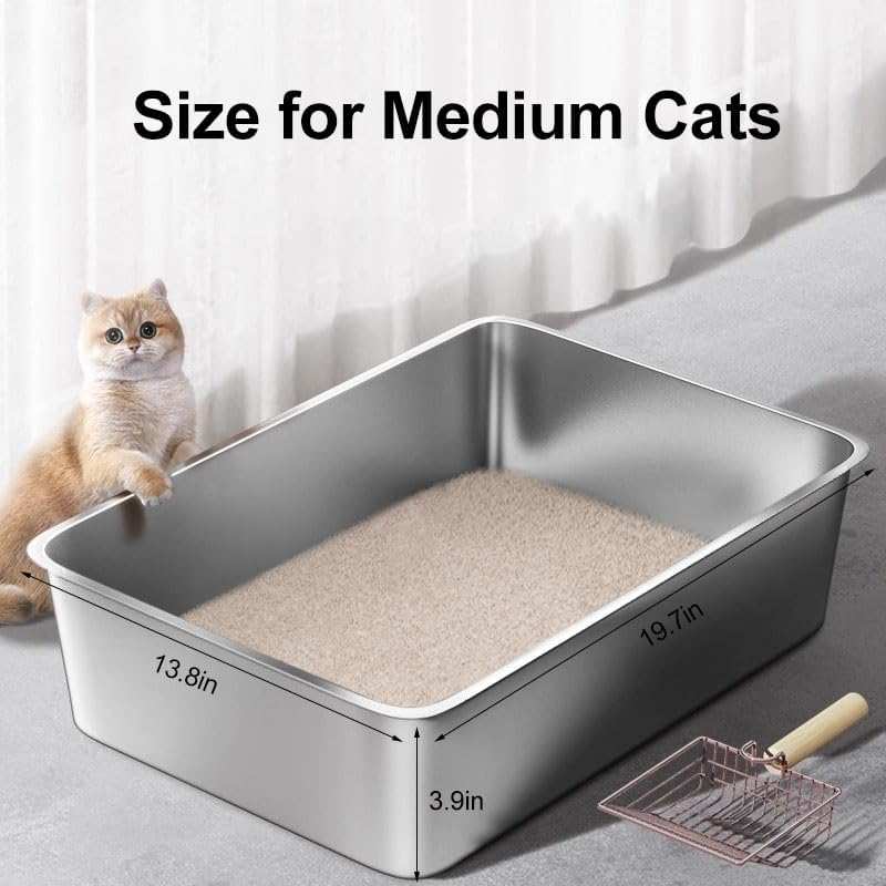 Stainless Steel Cat Litter Box, Medium Metal Litter Tray Pan Litterbox, Low Entry Stainless Steel Litter Box for Medium Cats, 19.7"Lx13.8"W X3.9"H, No Odor Absorption, Easy Clean, Rustproof, Leakproof image number 5