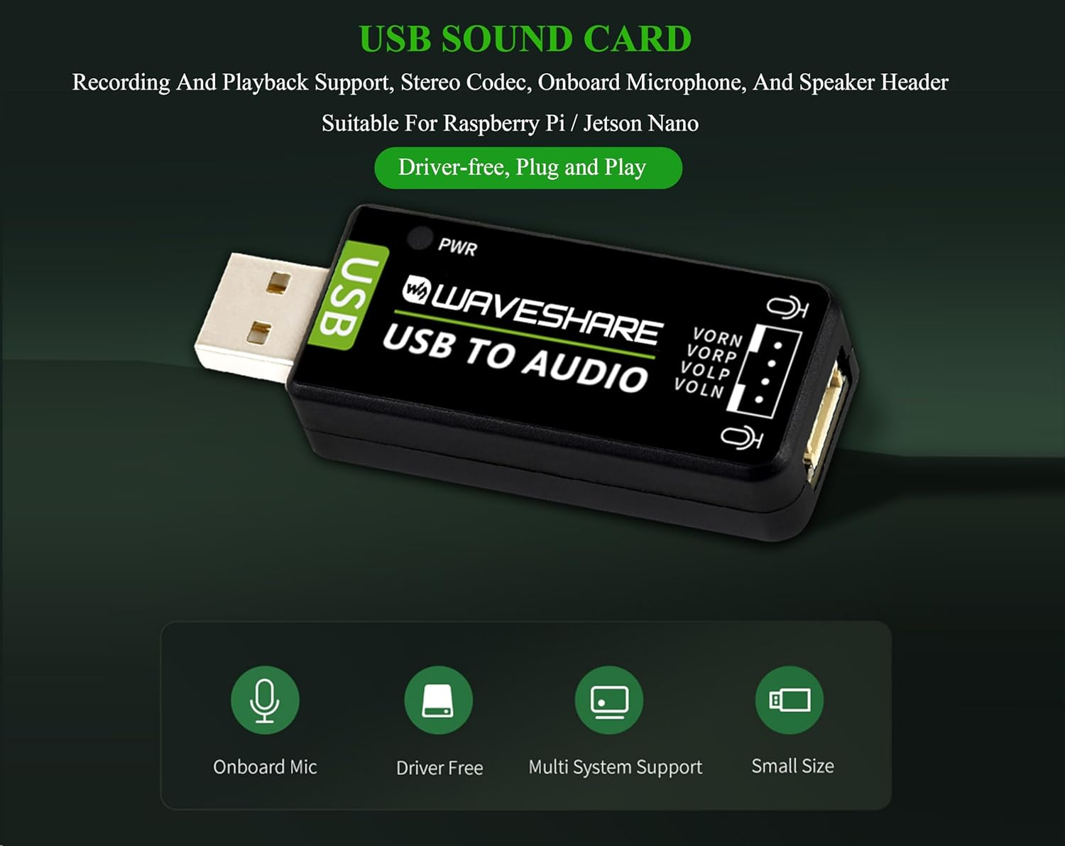 USB Audio Module USB Sound Card External Audio Converter Compatible with Raspberry Pi/Jetson Nano, Support Recording and Playback, Stereo Codec, Plug and Play, Comes with 8&Omega; 5W Speaker image number 3