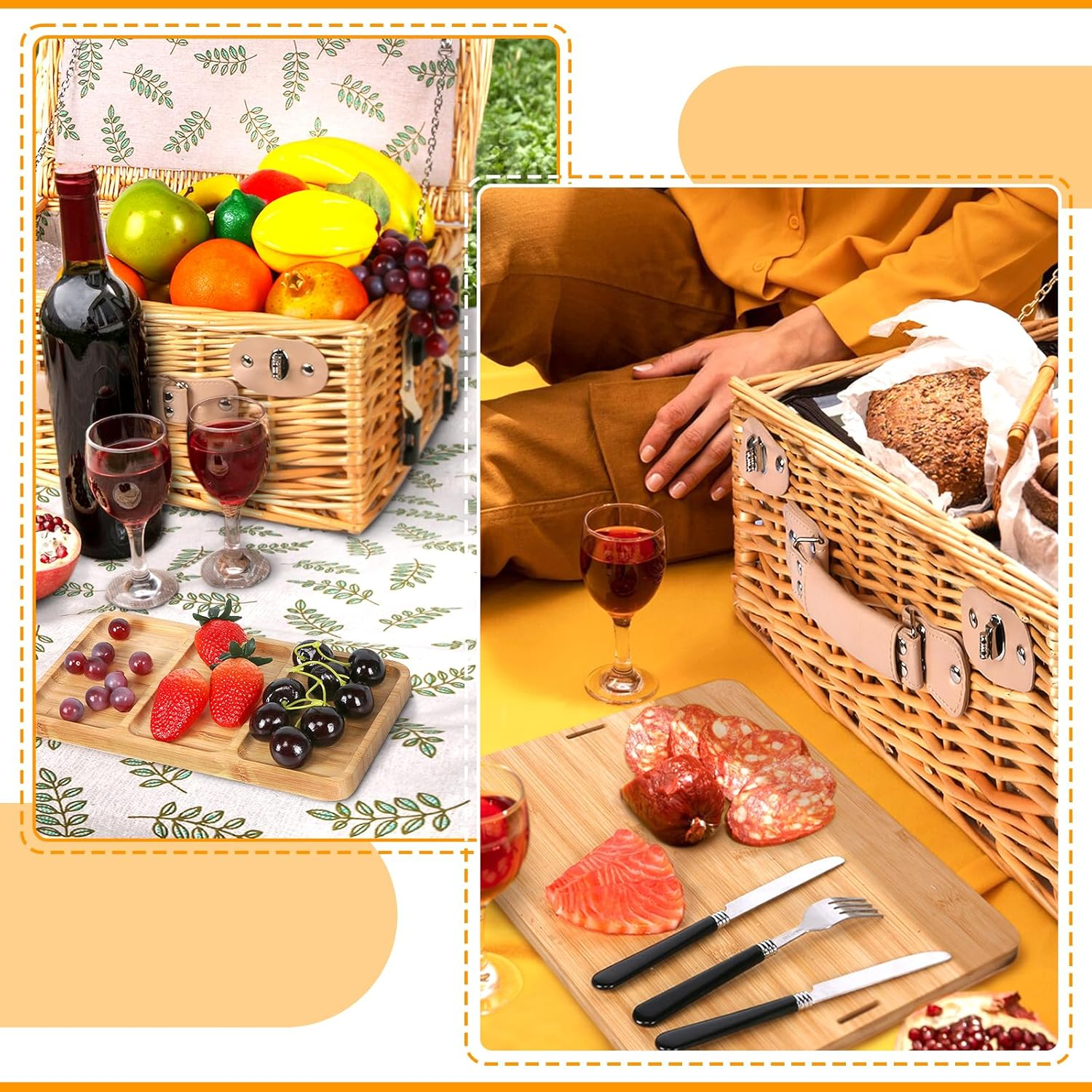 Hap Tim Dual Wicker Picnic Basket Set with Blanket Charcuterie Boards for 2/4/6 - Unique Gifts Ideas for Couple, Engagement, Wedding, Bridal Shower, Family, Christmas - White Elephant Gifts for Adults image number 2
