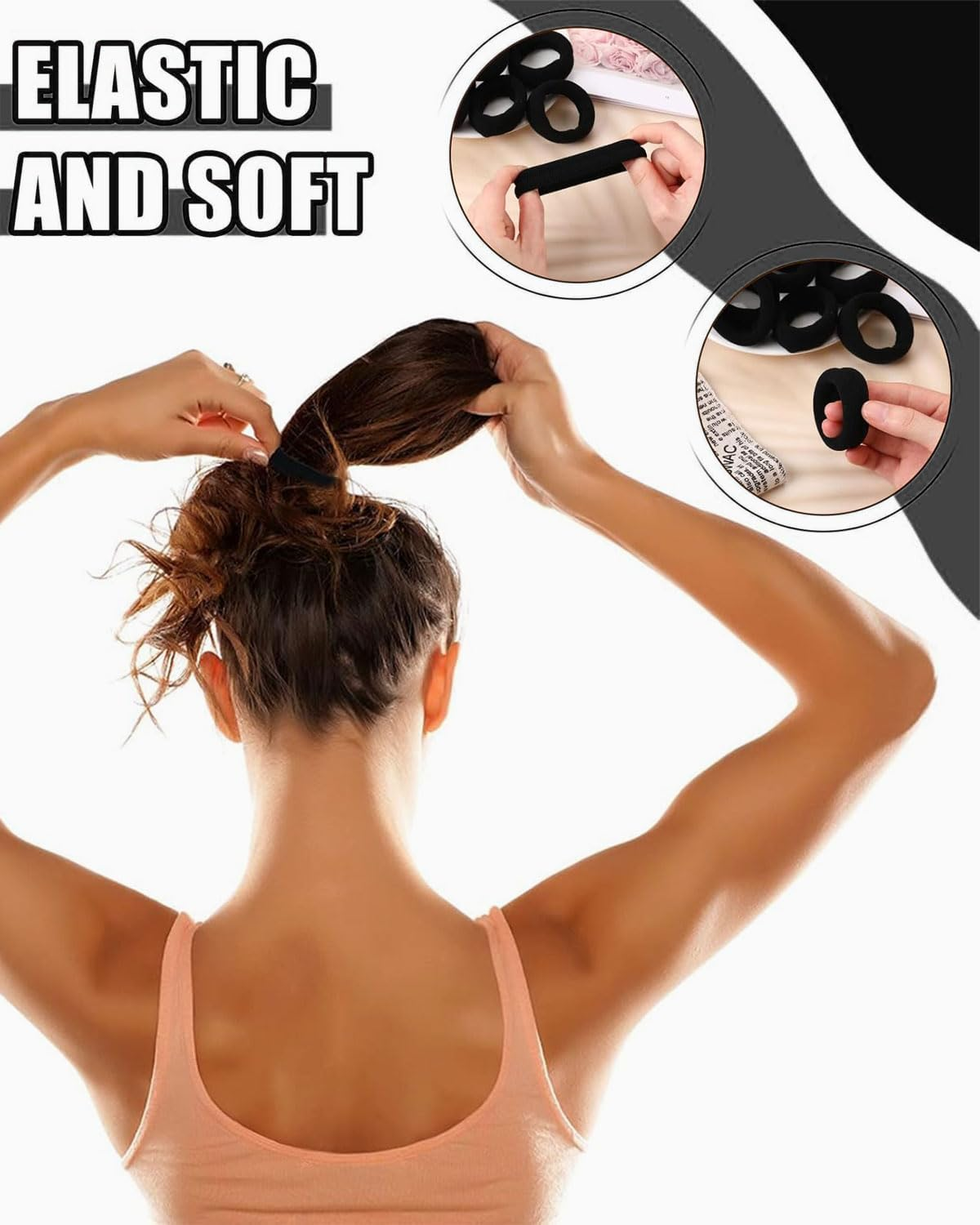 WUNZILO Pack of 10 Hair Bands for Women Girls Large Elastic Strong Hair Bobbles Seamless Cotton Holder Ties Stretching Ponytail Hair Pompoms for Thick Heavy Curly Hair, Black image number 2