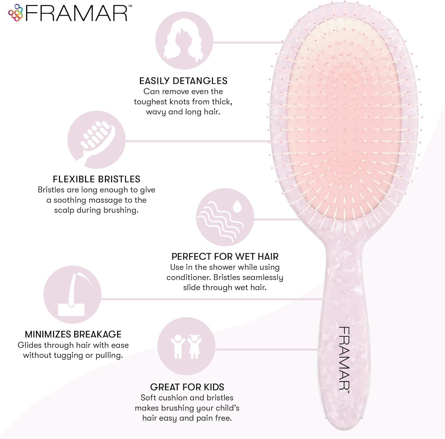 FRAMAR Iridescent Wet Hair Brush Detangler &ndash; Detangle Brush for Curly Hair, Hair Detangler Brush for Kids, Holographic Girls Hair Brush, Pink Hairbrush for Women &ndash; Removes Knots without Pulling image number 1