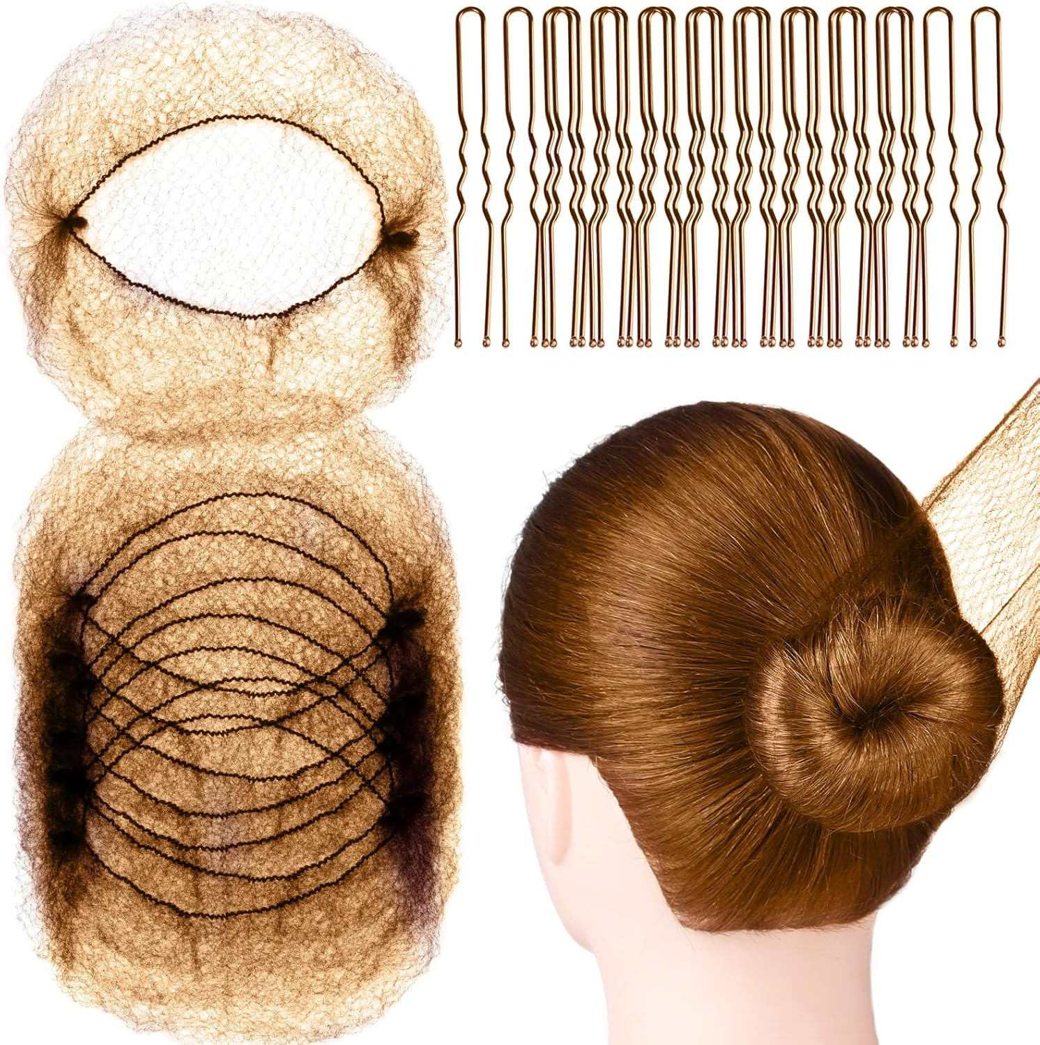 Pack of 20 Invisible Hair Nets with 40 Hair Pins, Invisible Elastic Hair Nets, Hair Net for Bun for Women, Girls, Ballet Dancer, Nurse (Brown) image number 5