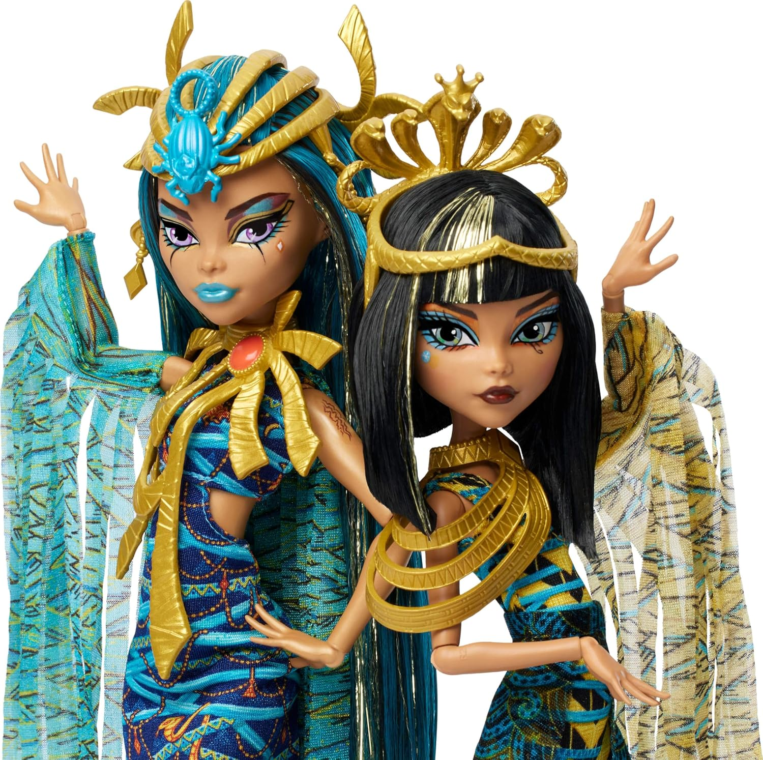 Monster High - Dolls Mummy Majesties Cleo and Nefera De Nile Collectible Figures Twin Pack with Gold Accessories and Premium Clothing HXJ01
