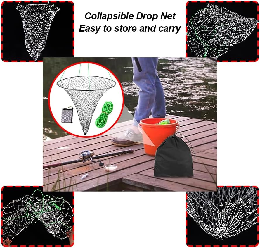 2-Pack Foldable Fishing Drop Nets - Soft Steel Hoop & Nylon Mesh Nets with Rope for Bridge/Pier Fishing, Comes with Storage Bag and Bait Bag (Easy Storage) image number 5