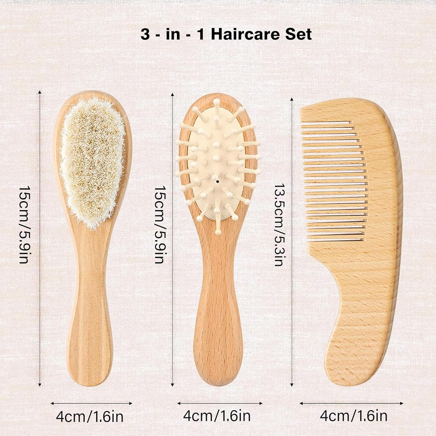 Natural Wooden Baby Grooming Set, 3-Piece with Goat Hair Brush, Comb and Storage Bag image number 1