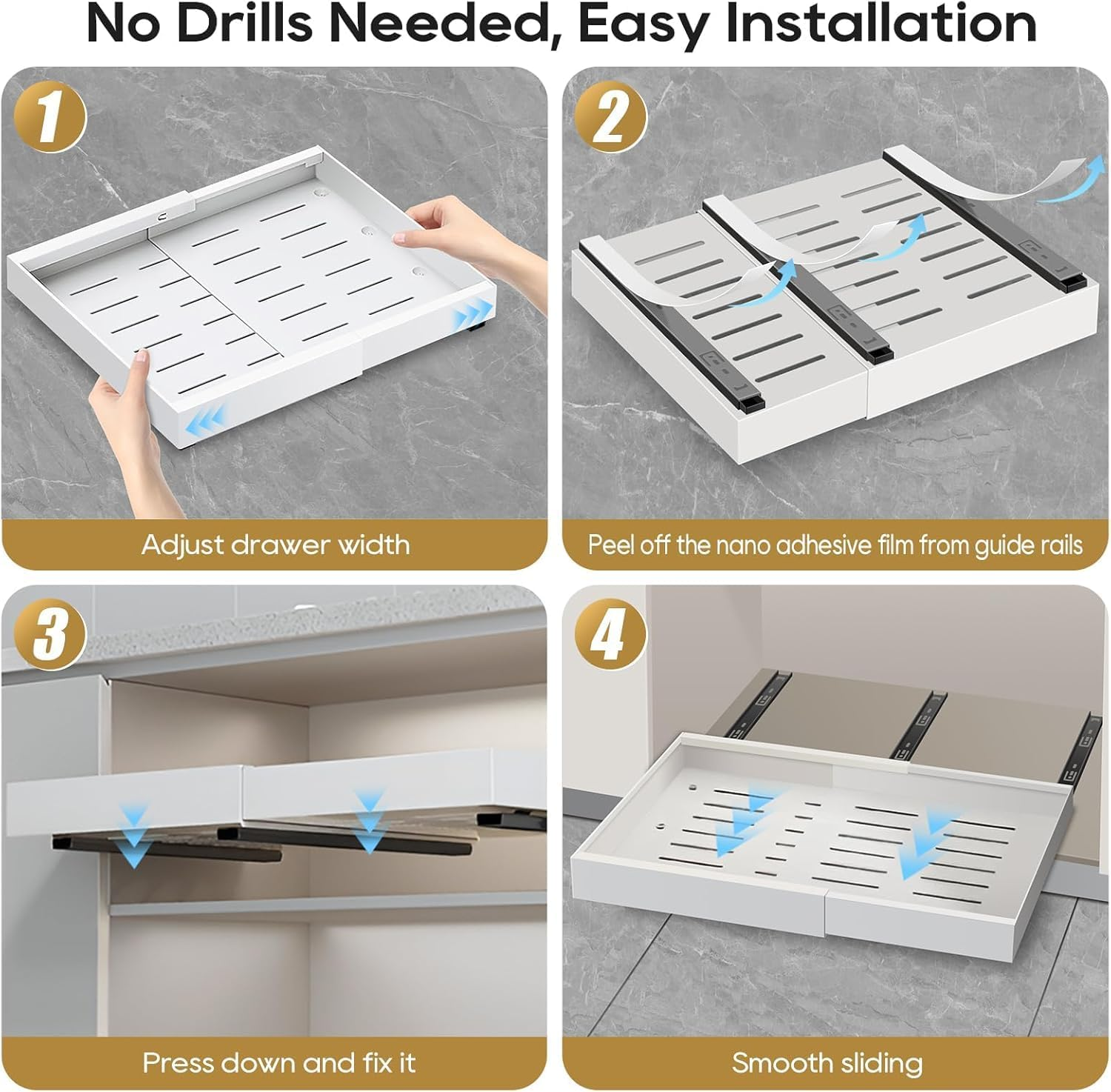2 Pack 53Cm Deep Pull Out Cabinet Organizer, Expandable Pull Out Drawers for Cabinets Adhesive with Film, Upgrade 3 Slide Rails Slide Out Drawers, Width 32Cm to 52Cm White image number 3