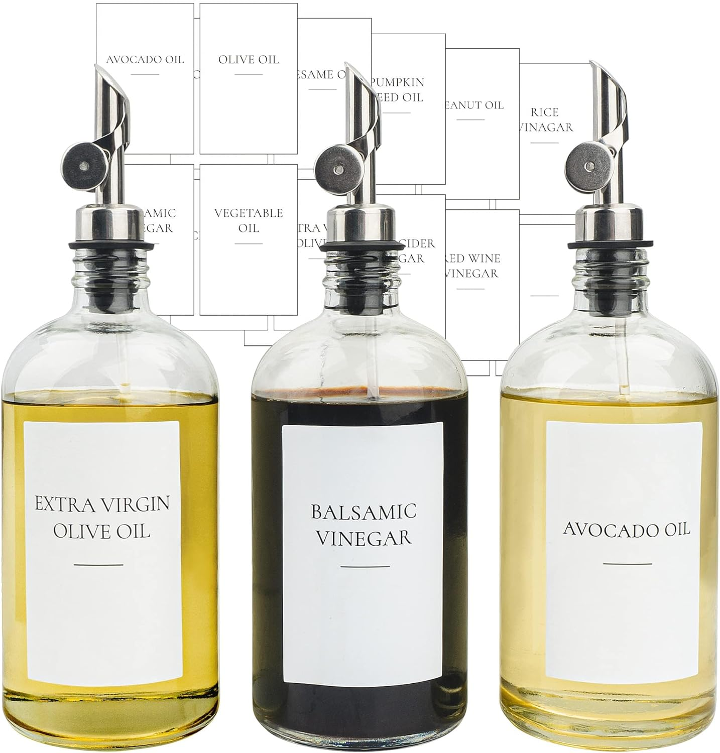 3PCS Oil Dispensers with Labels 480Ml Kitchen Cooking Glass Bottles Containers with 304 Stainless Steel Automatic Pump Heads Anti-Corrosion & Rustproof image number 3