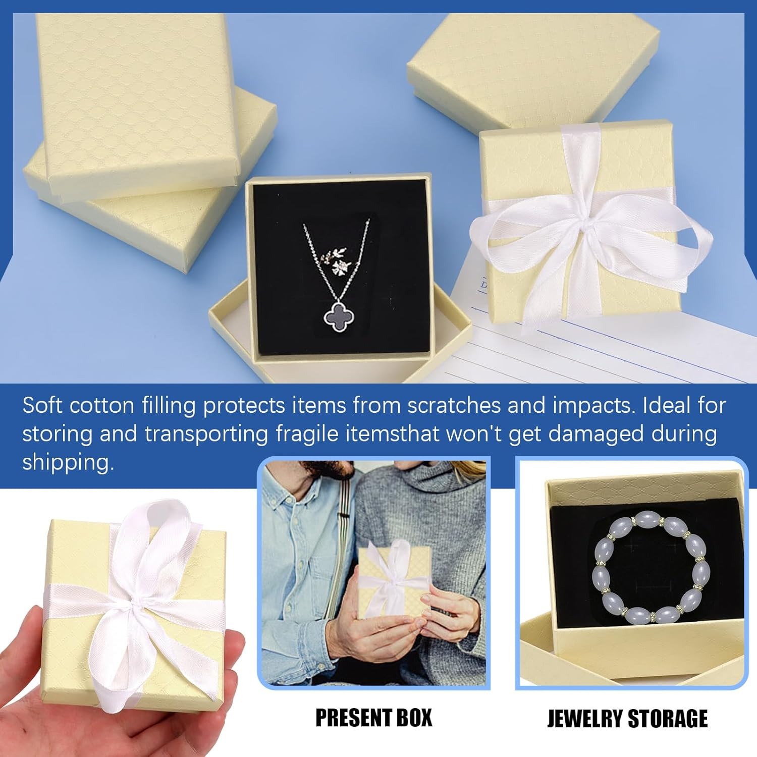 Glarks 17Pcs Champagne Color 2.95 X 2.95In Jewelry Gift Boxes with Pink Scissors and White Polyester Ribbon Set, Diamond Pattern Necklace Earring Bracelet Boxes Gift Case Ideal - Dark Blue image number 2