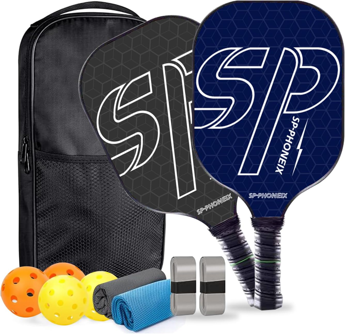 SPPHONEIX Carbon Pickleball Paddles Set Lightweight Pickleball Rackets Honeycomb Core Carbon Fiber Surface, Comfort Grip, 2 Pack Lightweight 4 Ball 2 Paddles 2 Grip Tape