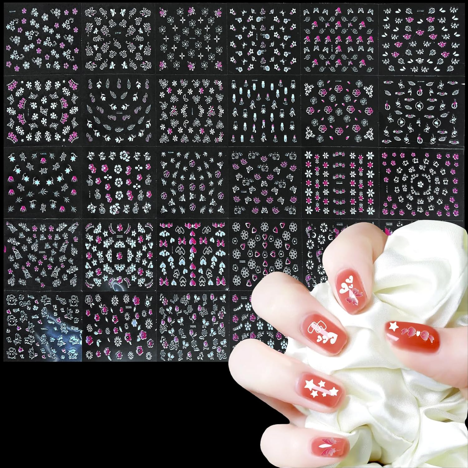 WD&CD 30 Sheets Colorful Cute Nail Art Stickers Decals Self Adhesive Nail Stickers Nail Art Supplies Colorful Flower Stickers Floral Rabbit Bear Heart Nail Designs Manicure Tips Charms Nail Decoration