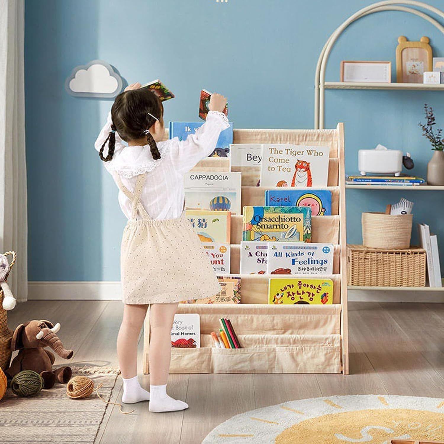 Kids Bookshelf with Deep Sleeve Storage, XICEN 6 Tier Natural Wood Kids Book Rack Storage, Bookcase Organizer, Magazine Rack, Toddler Book Shelf Organizer for Bedroom, Playroom,Toy Storage