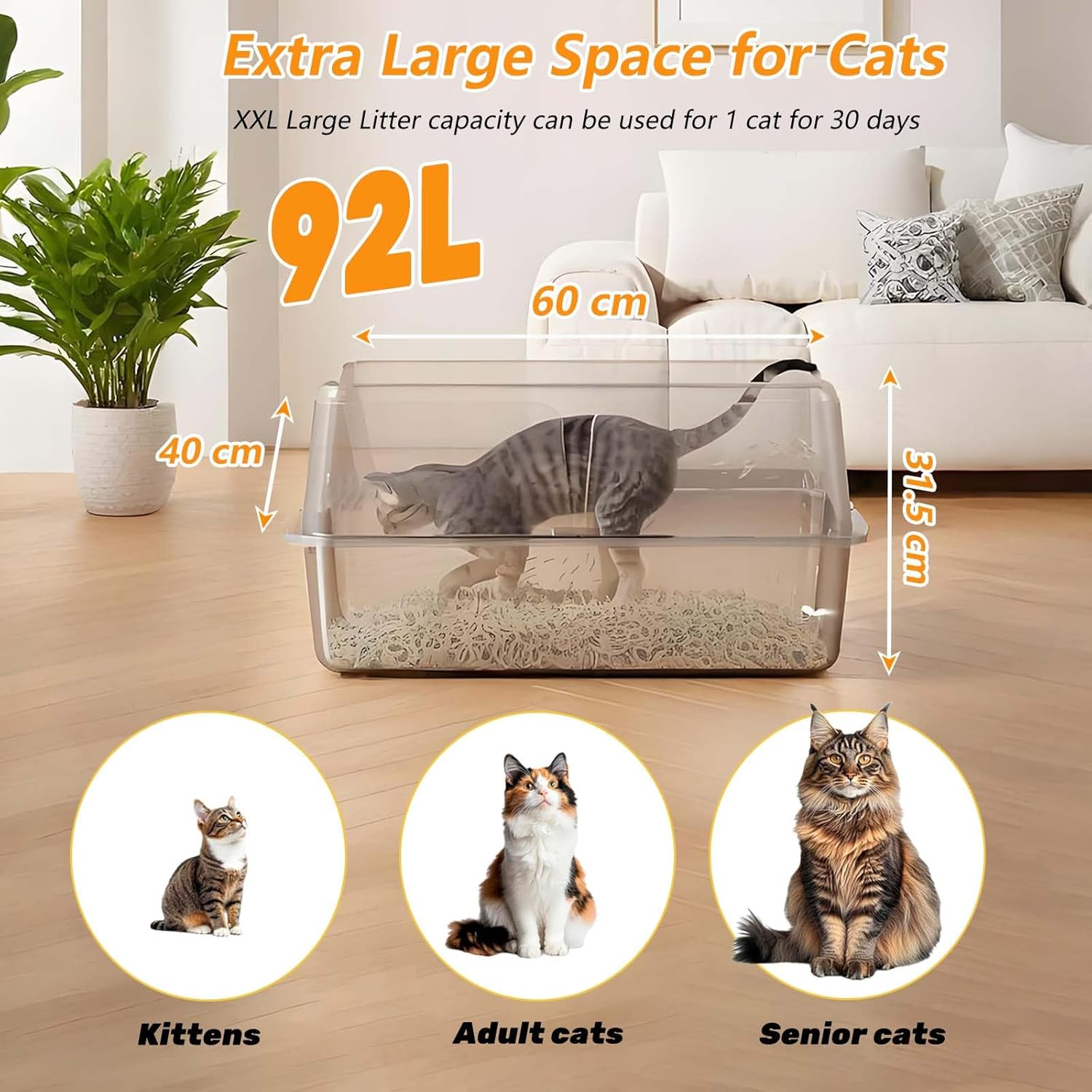 Stainless Steel Cat Litter Box Set - XXL High-Sided Tray with Scoop and Cat Litter Mat, Non-Stick and Leak-Proof, Easy to Clean, 60&times;40&times;31.5 Cm (Gray) image number 6