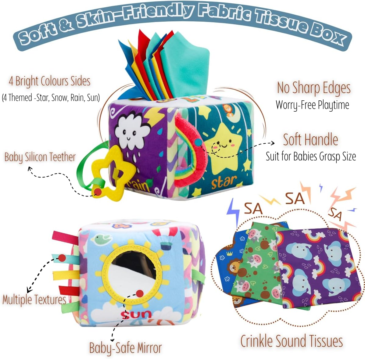 Baby Tissue Box Toy for Baby,Vamotto Montessori Sensory Pull Toy with 12 Durable Cloth Scarves & Crinkle Paper for 6-12 Months Infants, Early Learning Educational Motor Skills Development Gift image number 3