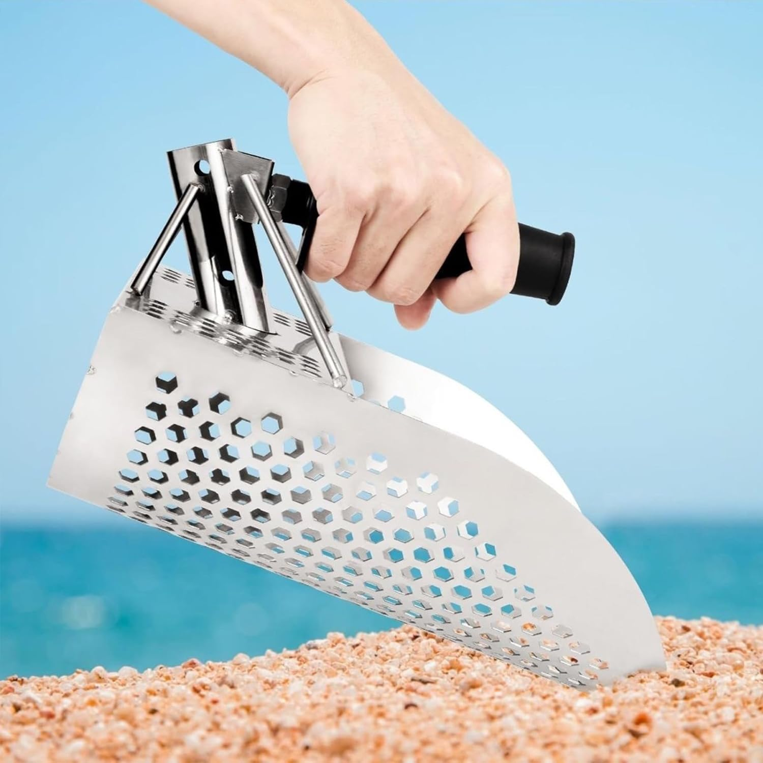 Long Handle Sand Scoop，Sand Scoop for Metal Detecting, Metal Detector Scoop, Stainless Steel Beach Sand Scoop Handheld with Long Steel Handle Pole Design, Ideal for Underwater Treasure Hunting image number 1