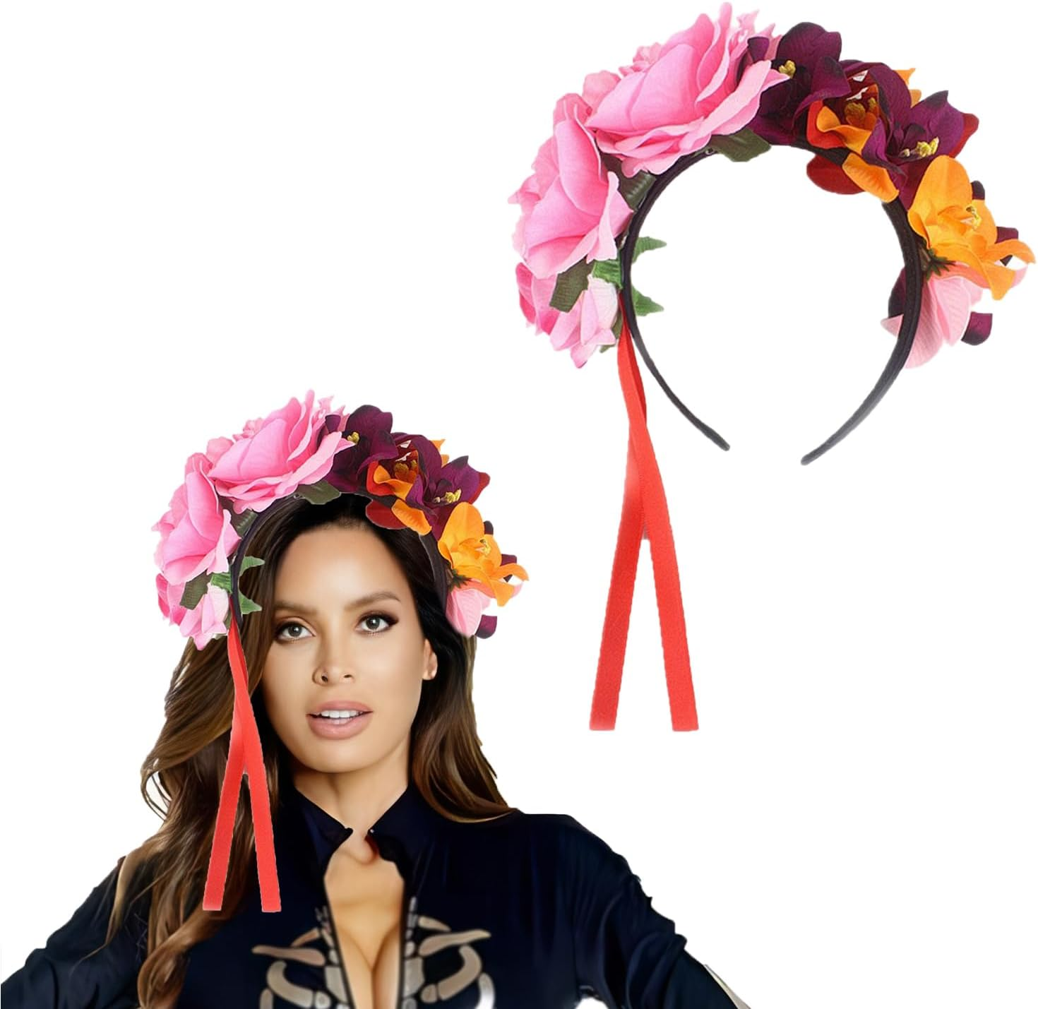 Lopsity Mexican Flower Crown Headband Hawaiian Frida Floral Rose Flower Crown Fake Flower Crowns Headbands for Women Party Costume (C)