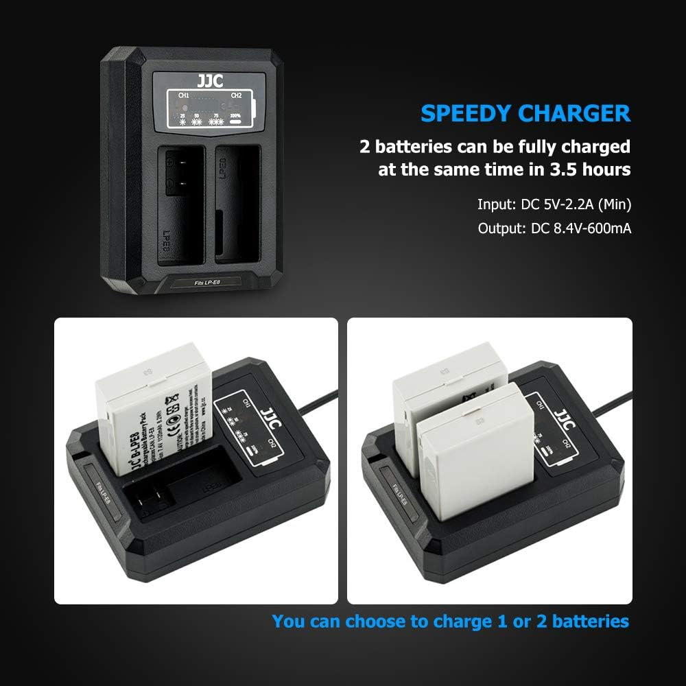 JJC LP-E8 Battery Charger USB Dual Slots for Canon EOS 700D 650D 600D 550D Rebel T5I T4I T3I T2I, Replaces Canon Charger LC-E8C, with 40Cm Extension Cable image number 1