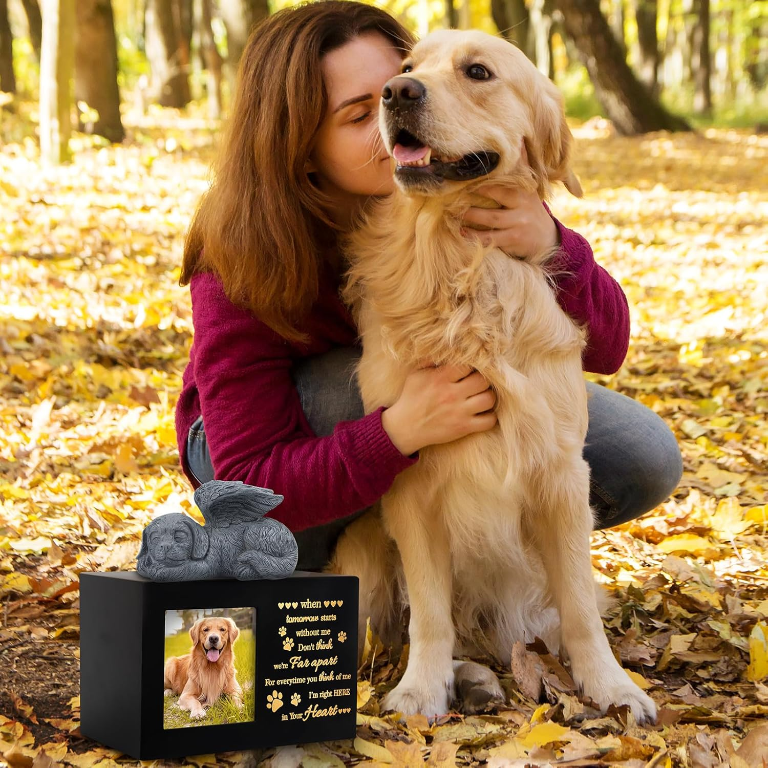 LPREUTWN Pet Urns for Ashes, Large Wooden Pet Urns for Dog or Cat Ashes with Dog Angel, Memorial Keepsake Memory Box with Photo Frame, Loss Pet Sympathy Remembrance Gift (Black) image number 4