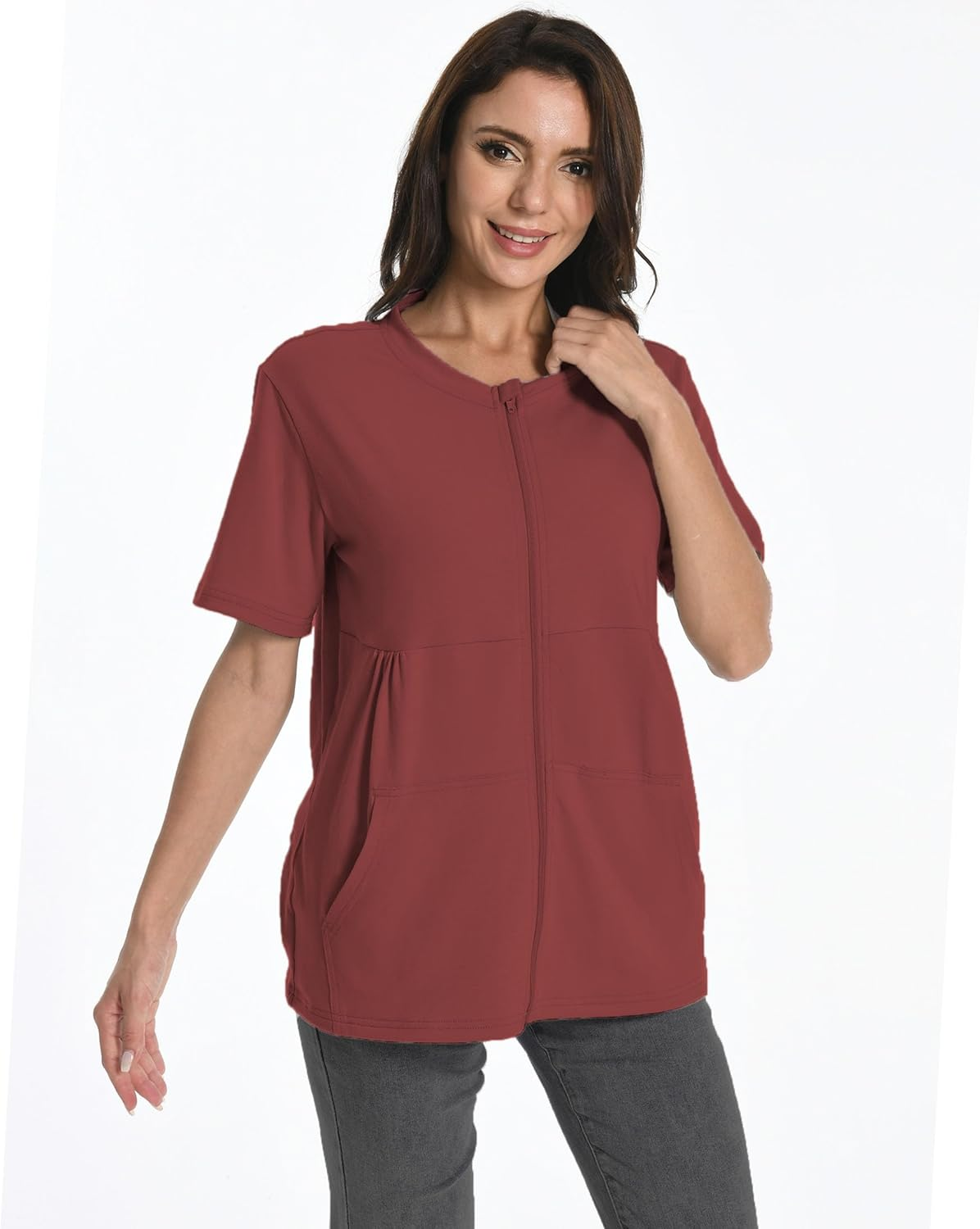 Post Mastectomy Zip Shirts with Drain Pockets Surgery Recovery Must Haves Clothing Comfy Short Sleeve Shirts image number 6