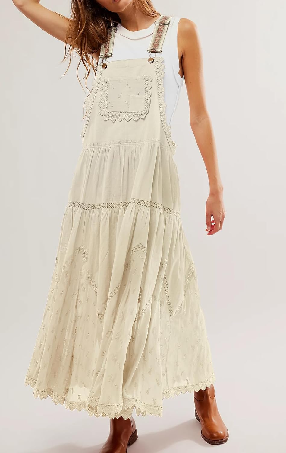 CHARTOU Women'S Bib Overall Jumper Babydoll Pinafore Embroidered Lace Maternity Straps Suspender Dress image number 4