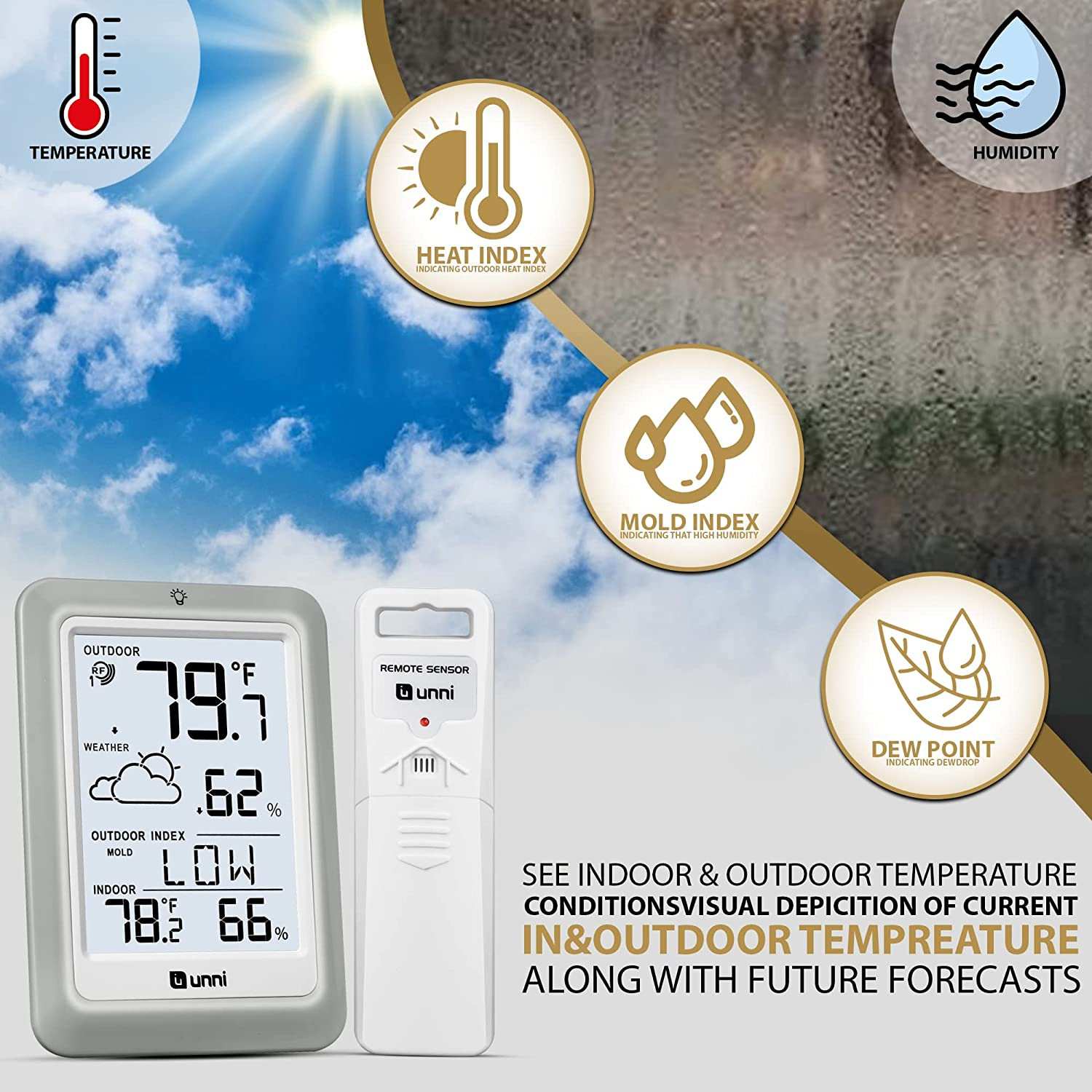 Indoor Outdoor Thermometer Hygrometer Wireless Weather Station, Temperature Humidity Monitor Battery Powered inside outside Thermometers with 330Ft Range Remote Sensor and Backlight Display - White image number 2