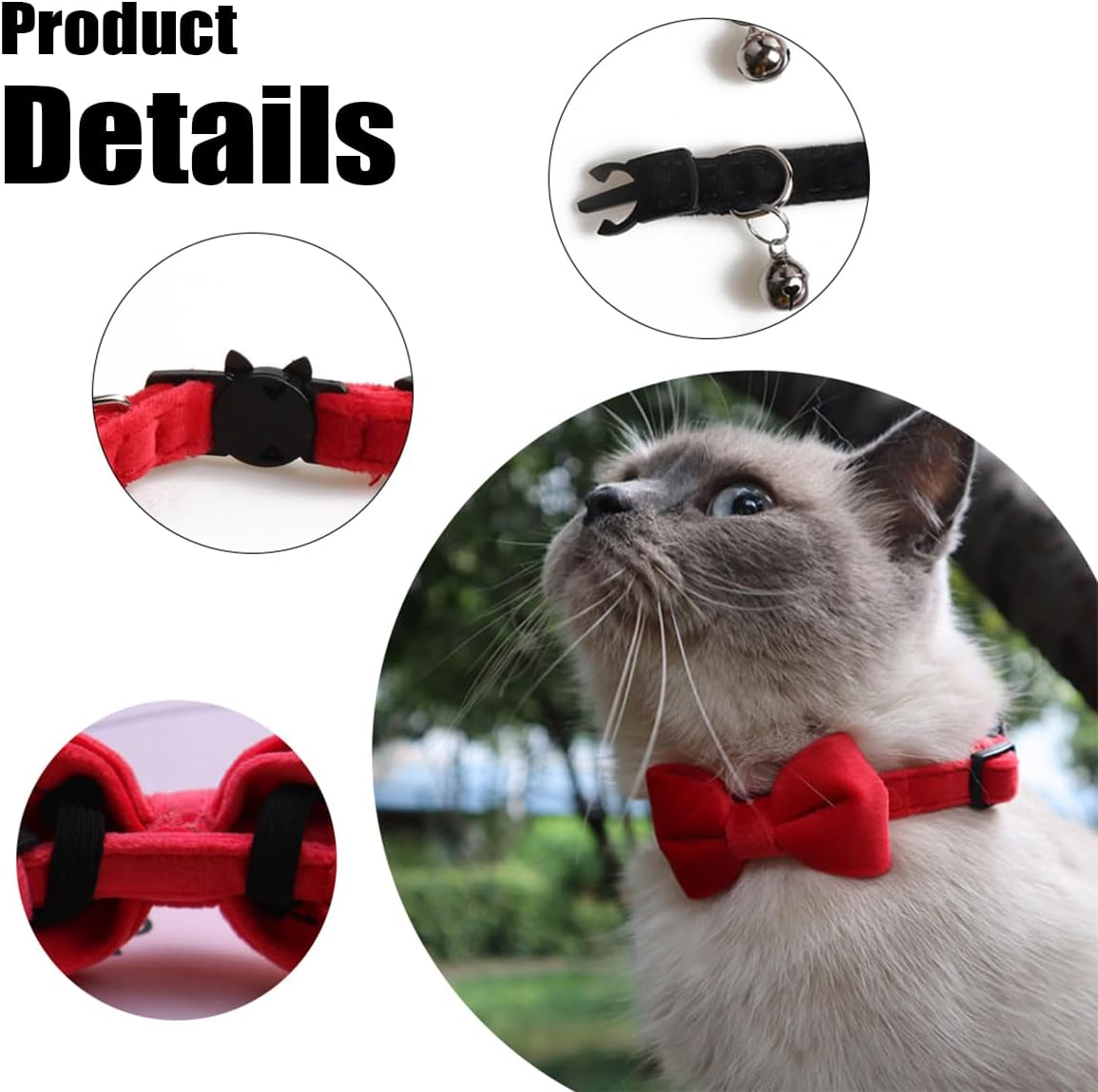 LEEQ Velvet Cat Collar with Bell and Bow Tie, with Safety Clasp, Adjustable, for Small Puppies, Safety Bow Tie, Plain for Weddings, Basic Colour, Cat Bow Tie image number 1